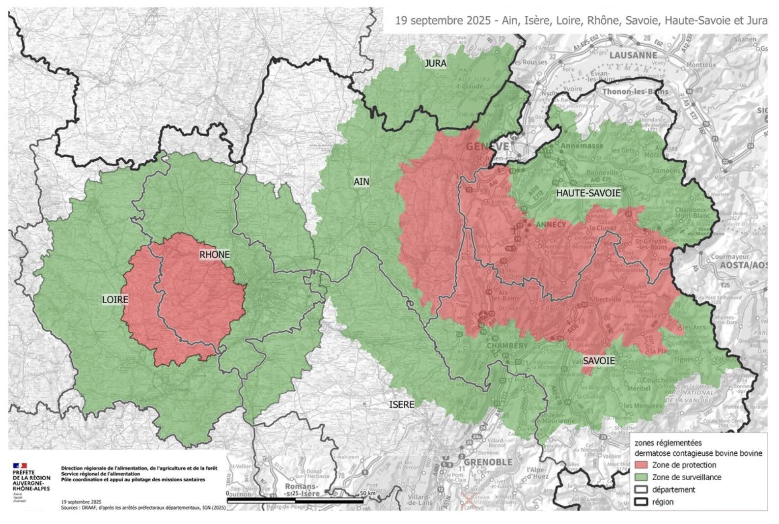 Zones réglementées vis-à-vis de la DNC en date du 19 septembre (Source : ministère de l’Agriculture)
