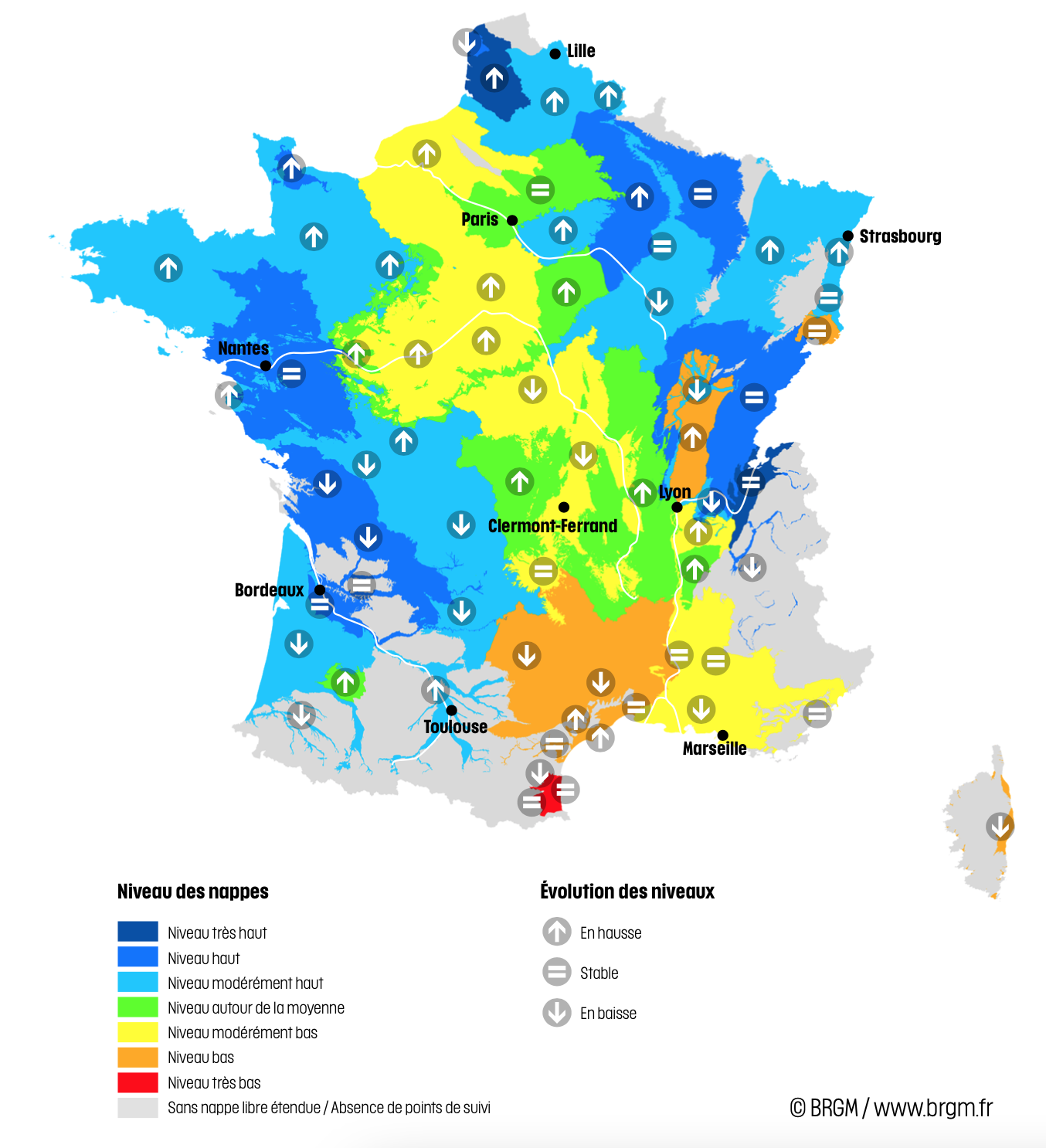 Niveau des nappes et tendances évolutives au 1er février 2024 (Source : BRGM)