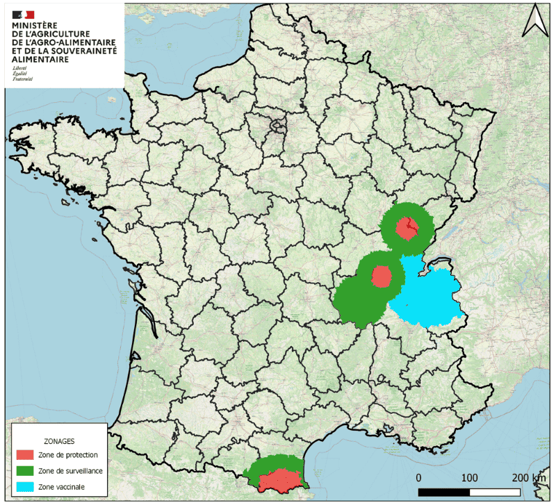 Zones réglementées et vaccinale DNC en date du 3 novembre (Source : ministère de l’Agriculture)
