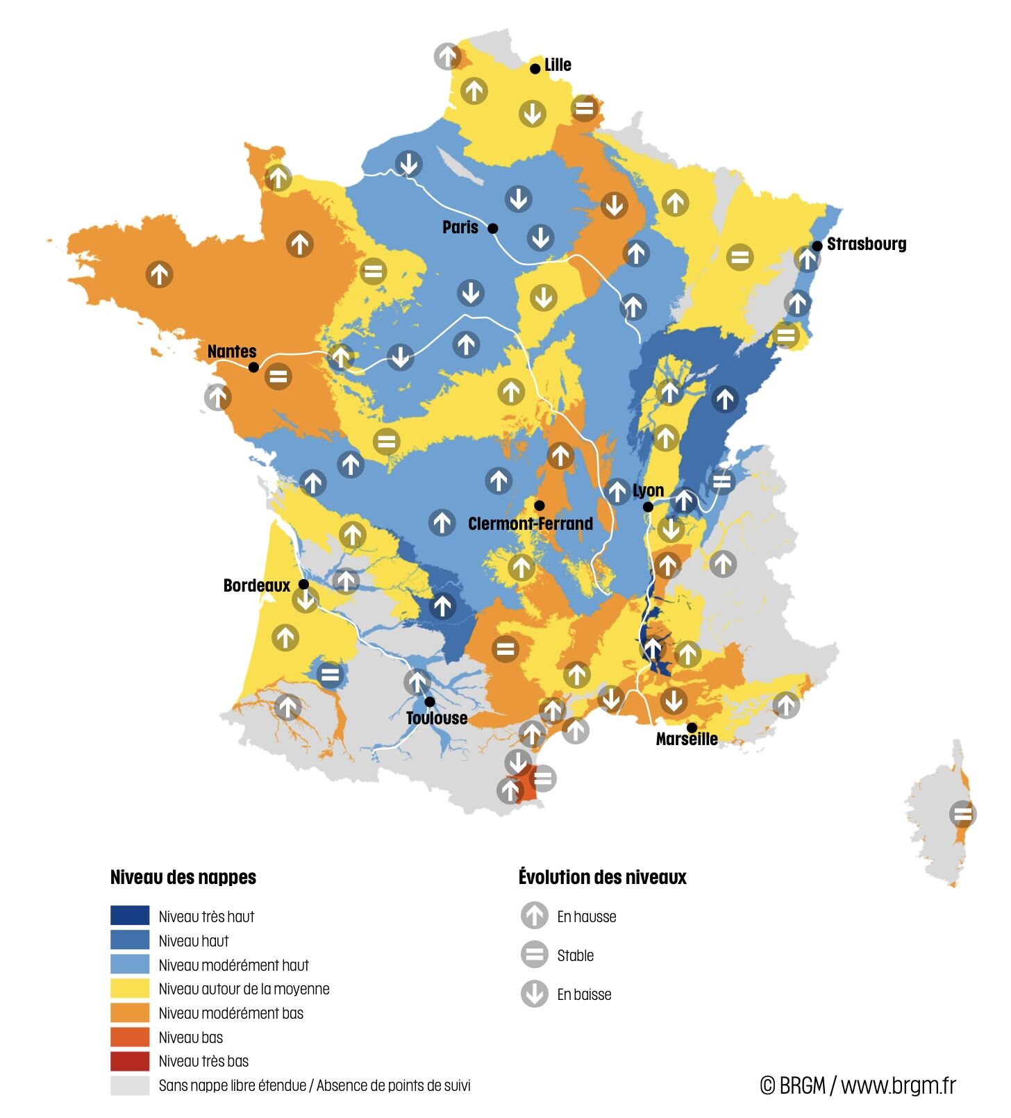 Niveau des nappes et tendances évolutives en date du 1er décembre 2025 (Source : BRGM)