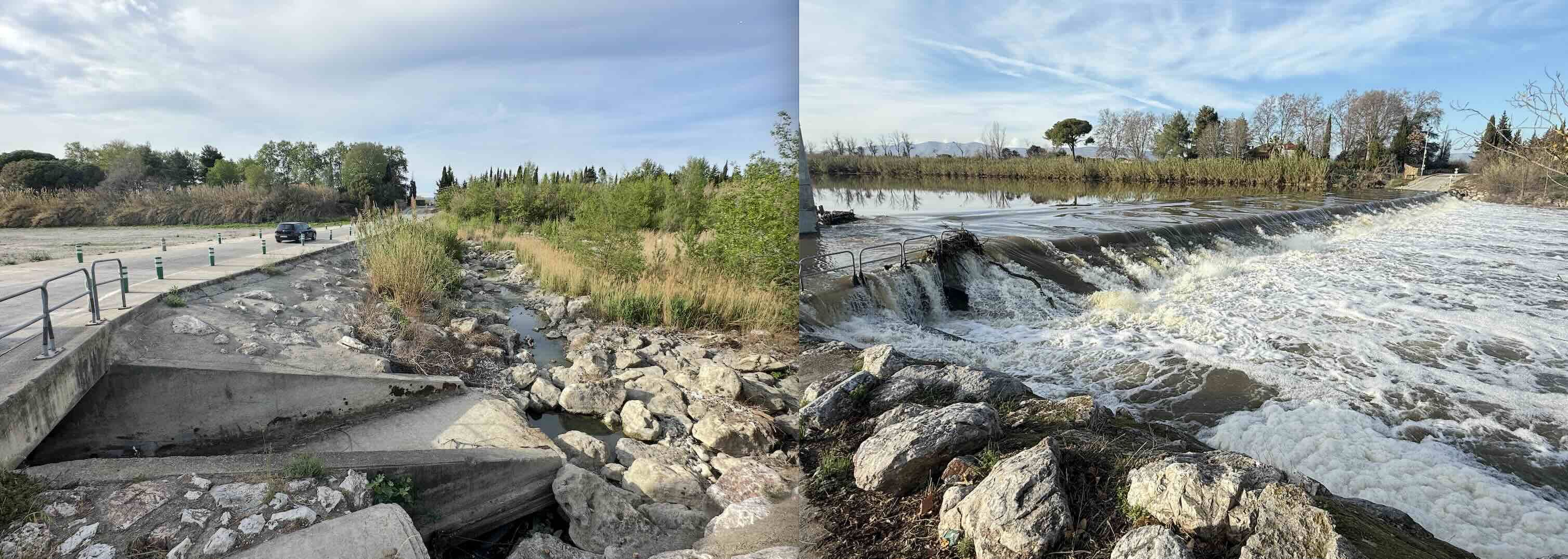 A Rivesaltes (Pyrénées-Orientales), l’Agly au printemps 2023 et en décembre 2025, au niveau d’un passage à gué