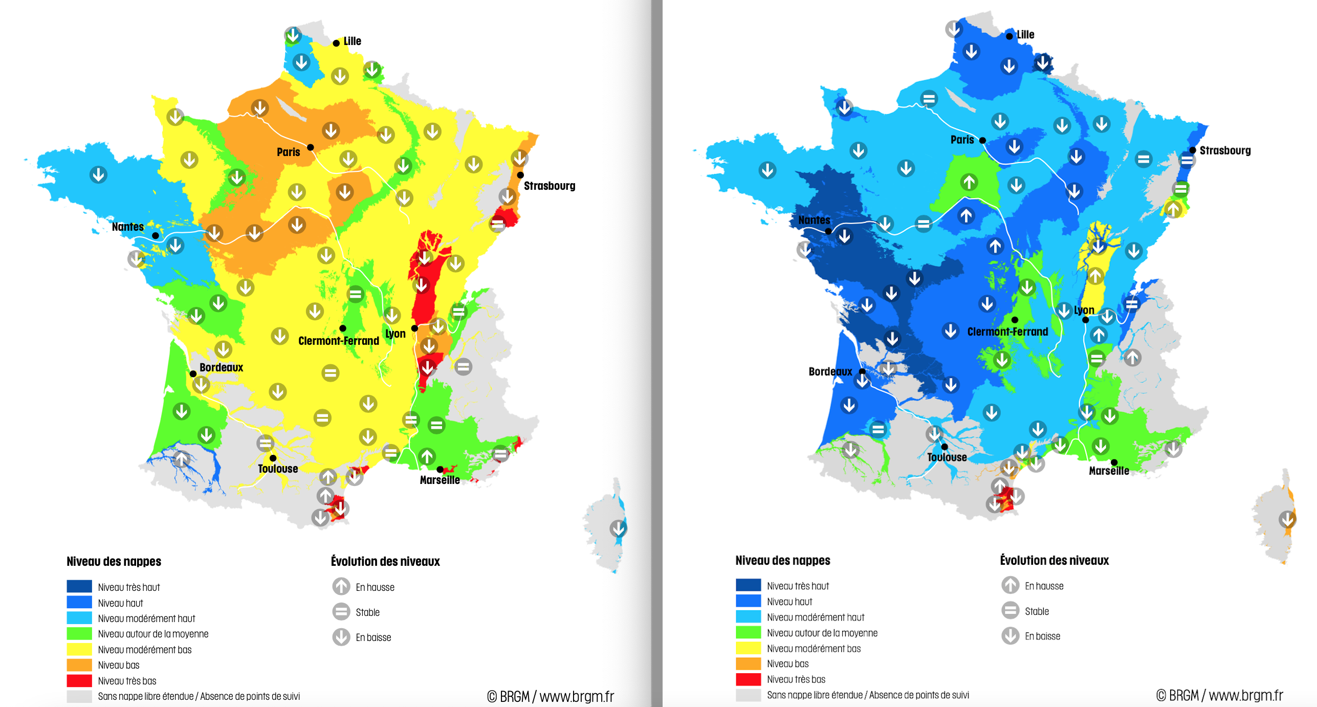 A gauche, niveau des nappes et tendances évolutives au 1er juillet 2023, à droite au 1er juillet 2024 (Source : BRGM)