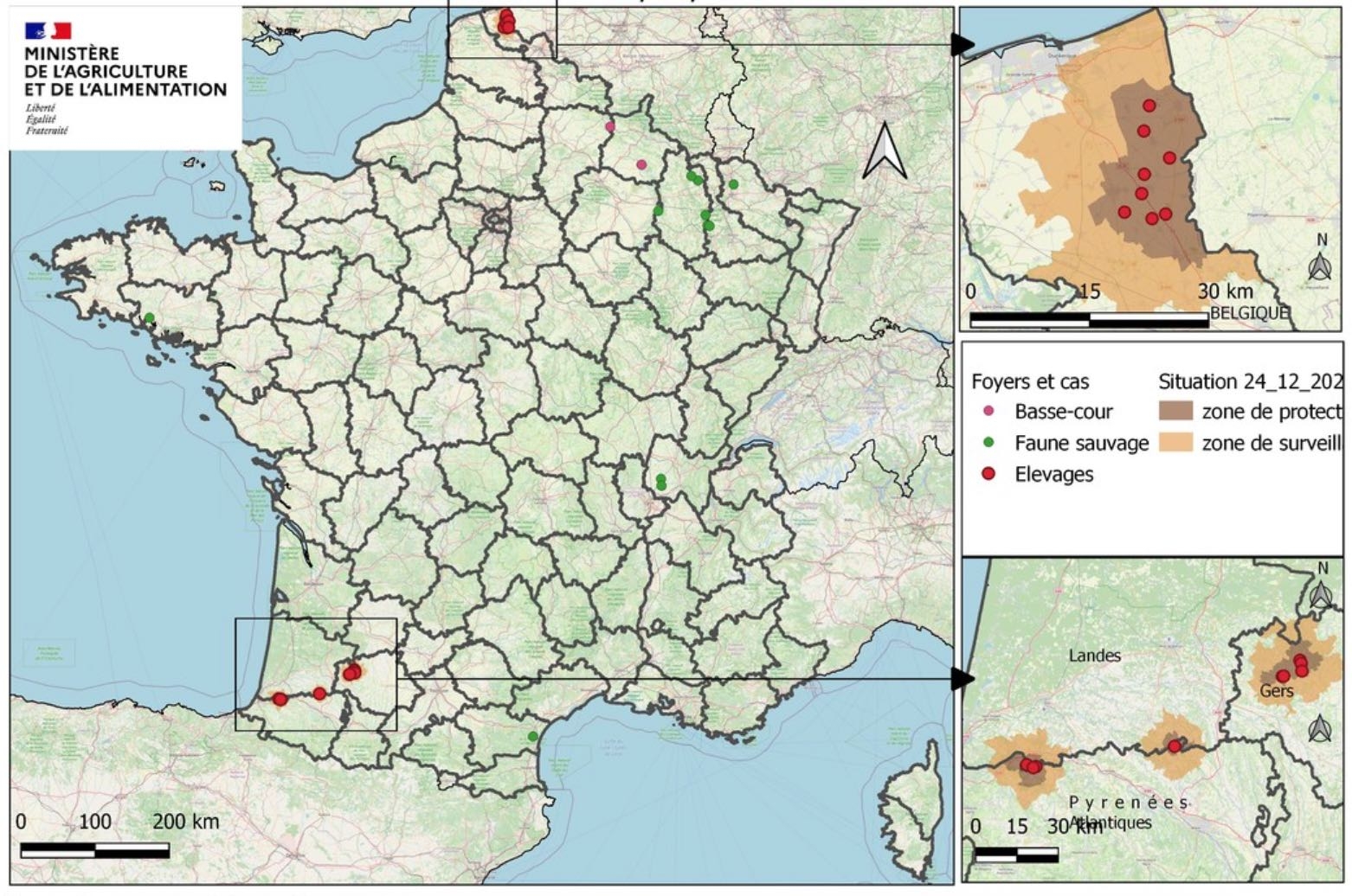 En date du 24 décembre, la France compte 17 foyers d’influenza aviaire hautement pathogène, dont 9 dans le Sud-Ouest (Source : ministère de l’Agriculture)