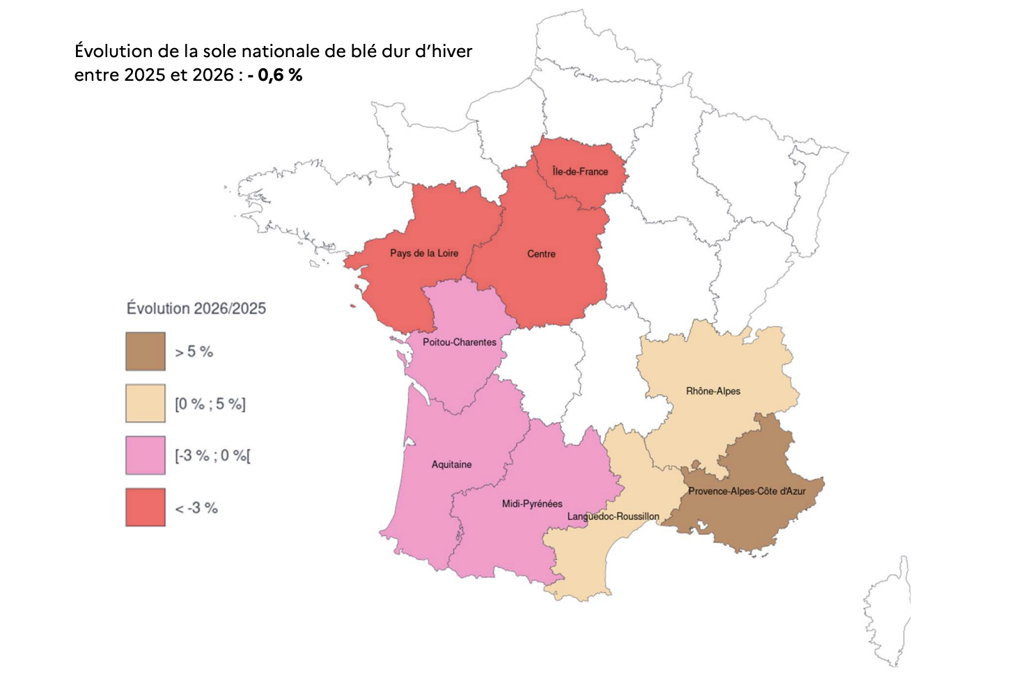 Évolution de la sole de blé dur entre 2025 et 2026 (Source : Agreste)