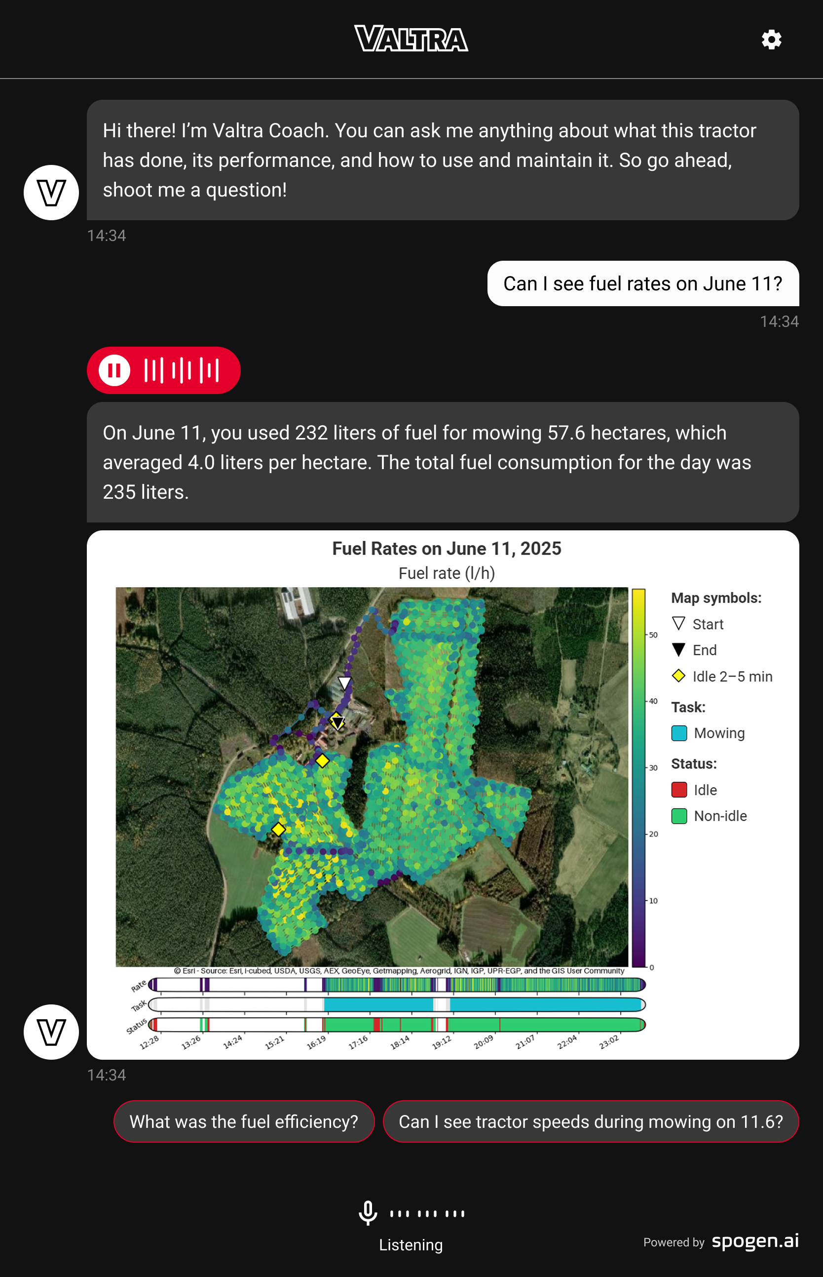 Exemple de conversation et de visualisation offertes par le Valtra Coach