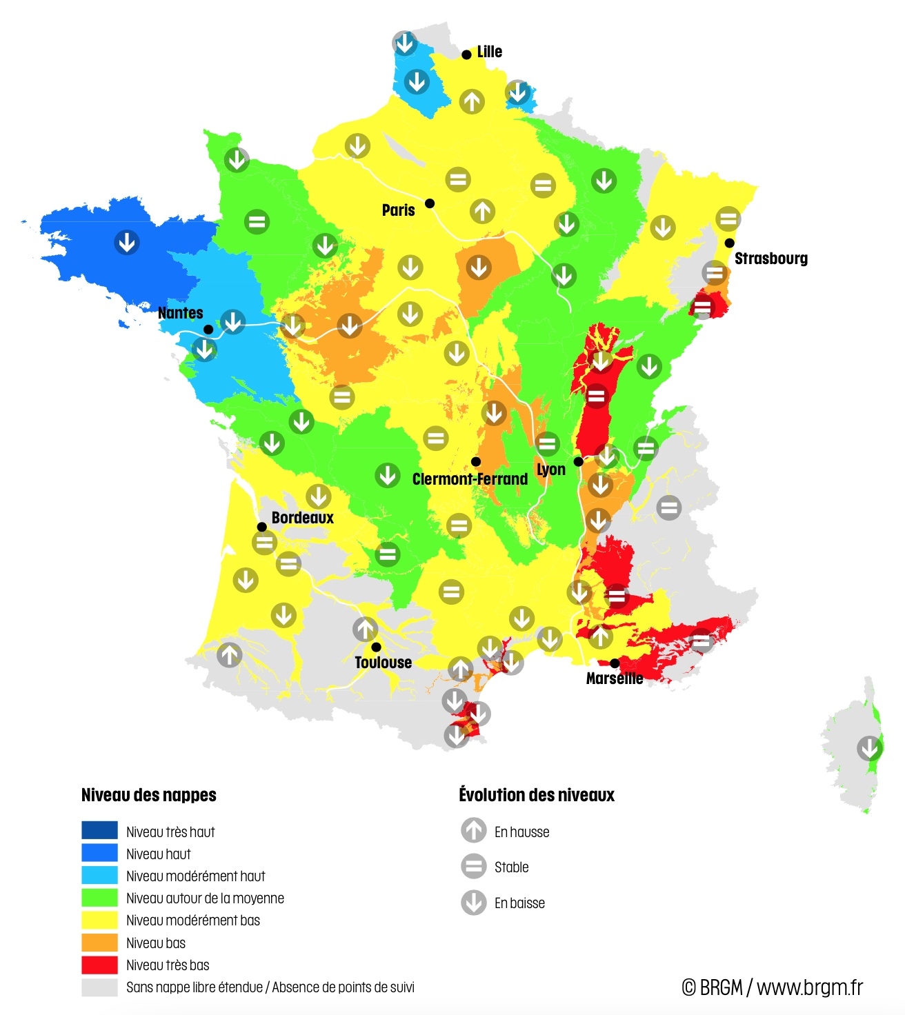 Niveau des nappes et tendances évolutives au 1er juin 2023 (Source : BRGM)