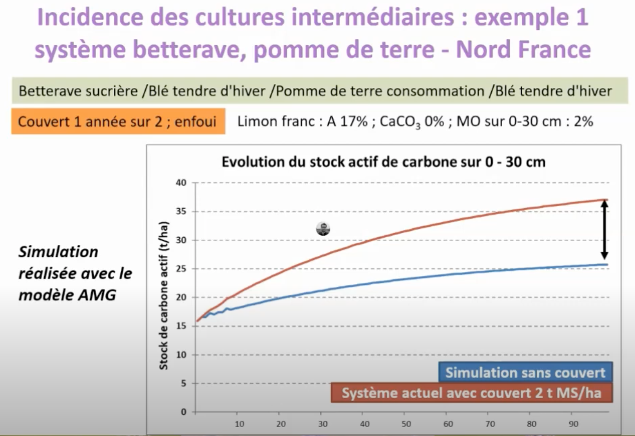 Évolution du stock de carbone actif sur 100 ans dans une rotation betterave-blé-betterave-blé avec couvert une année sur deux