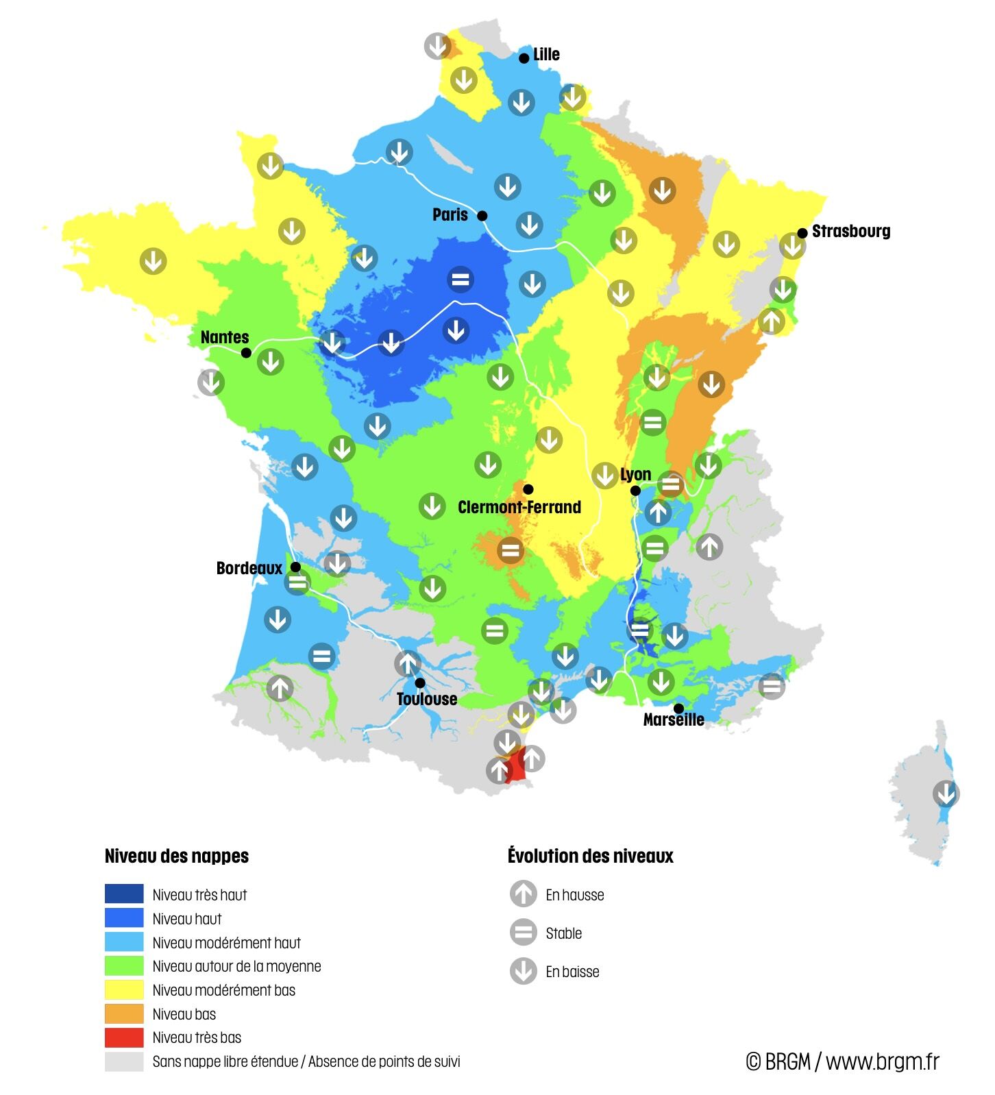 Niveau des nappes et tendances évolutives en date du 1er juin 2025 (Source : BRGM)