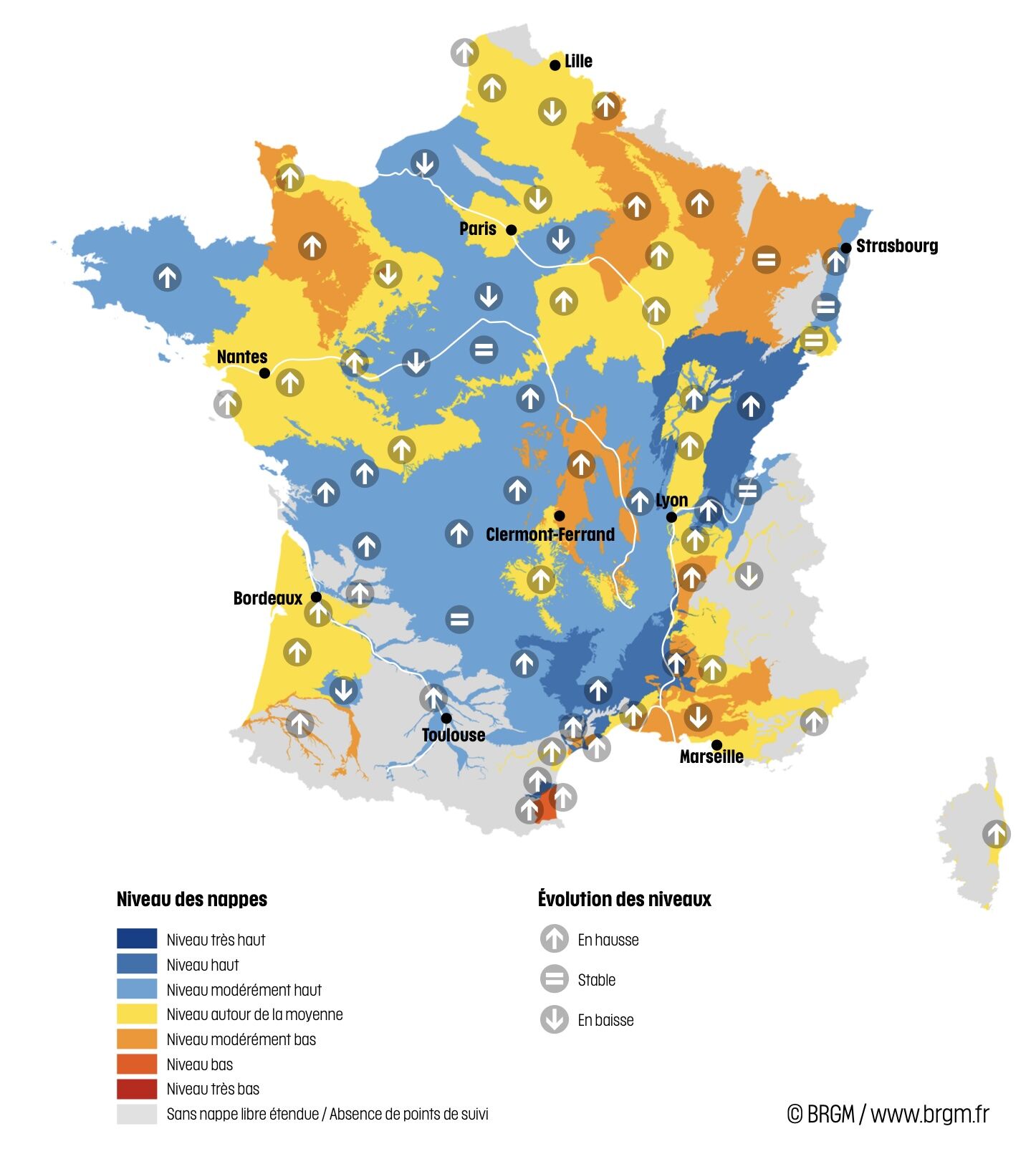 Niveau des nappes et tendances évolutives en date du 1er janvier 2026 (Source : BRGM)