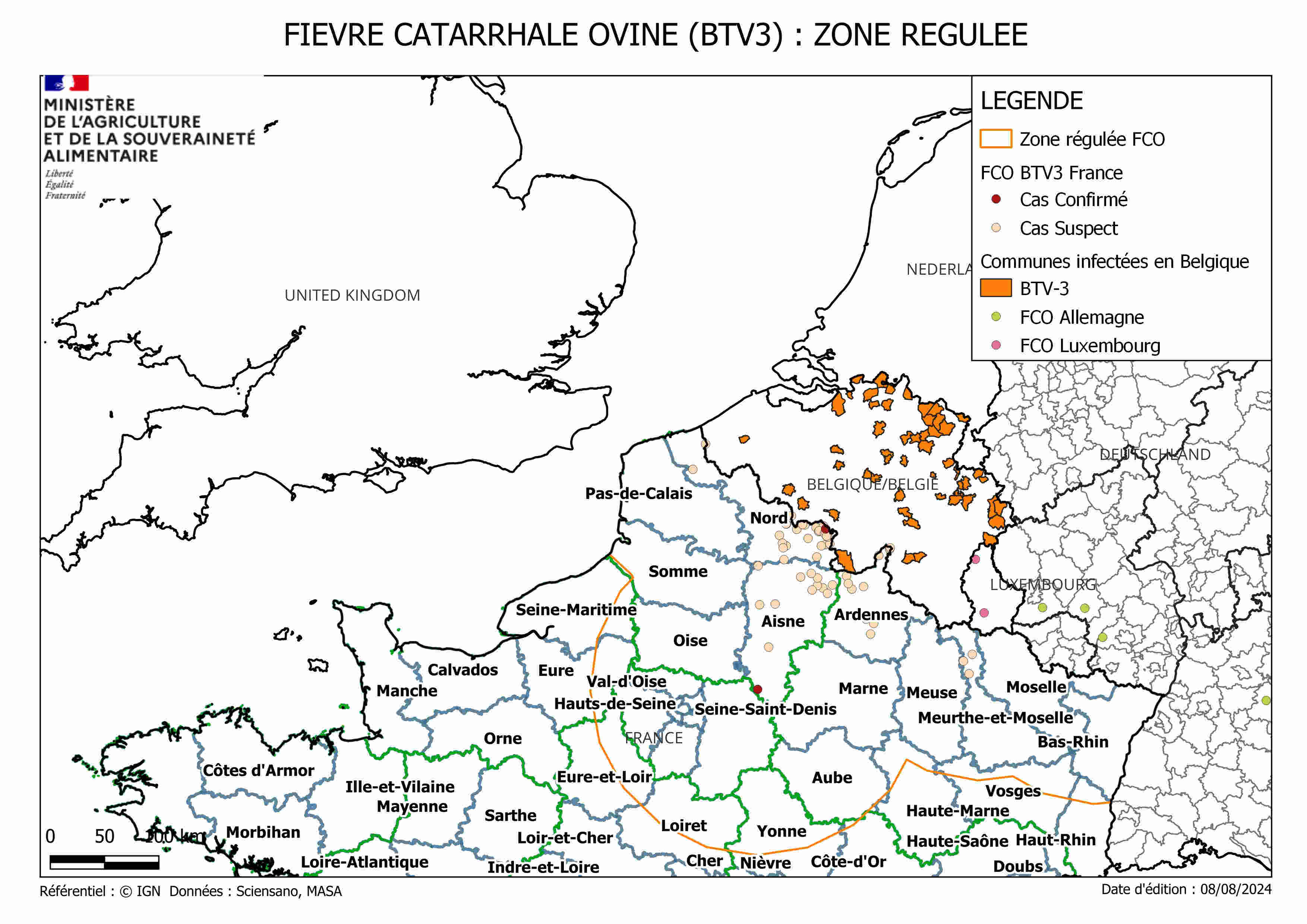 Délimitation de la zone régulée inhérente à la FCO-3 (Source : ministère de l’Agriculture)