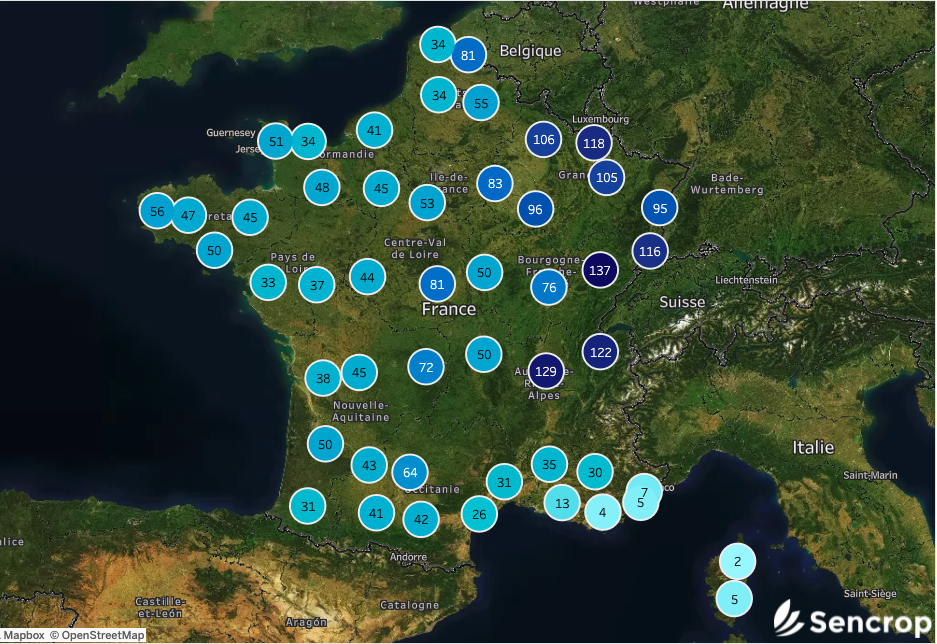 Cumul des précipitations relevées par les 10.000 stations Sencrop entre le 1er et le 21 juillet 2021 (Source : Staff)