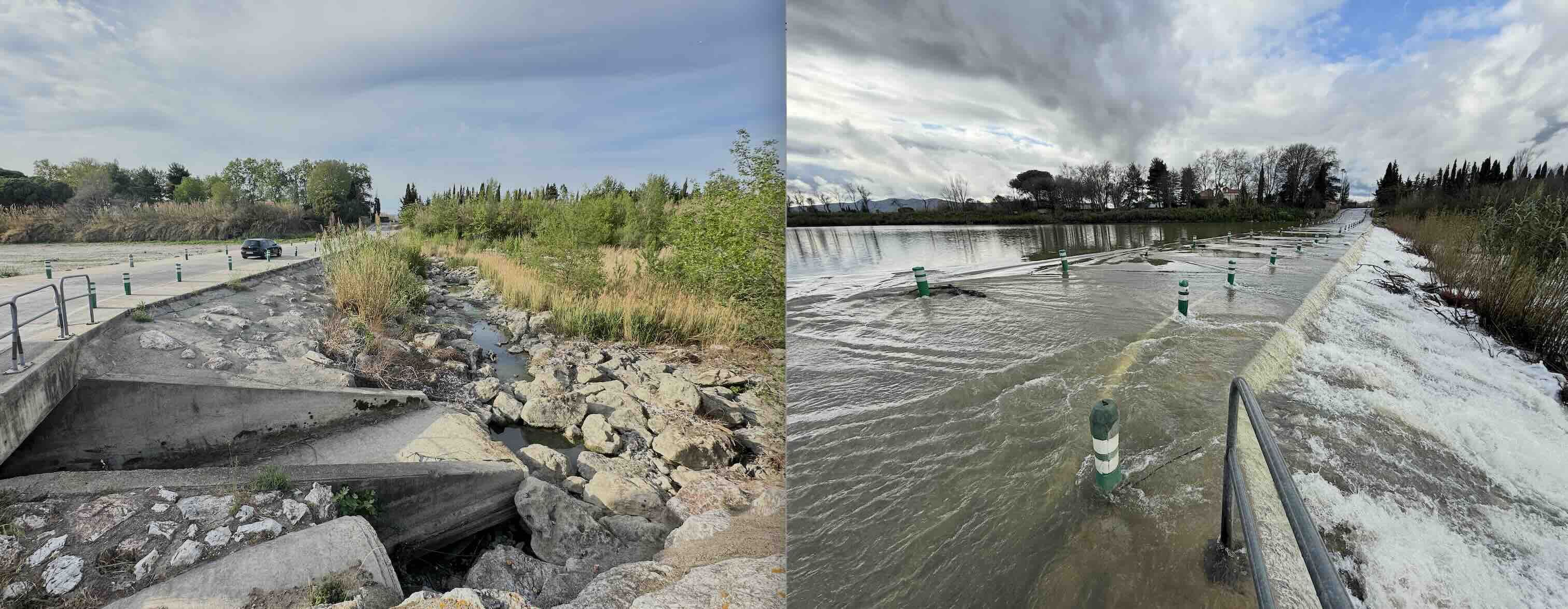A Rivesaltes (Pyrénées-Orientales), l’Agly au printemps 2023 et au printemps 2025, au niveau d’un passage à gué