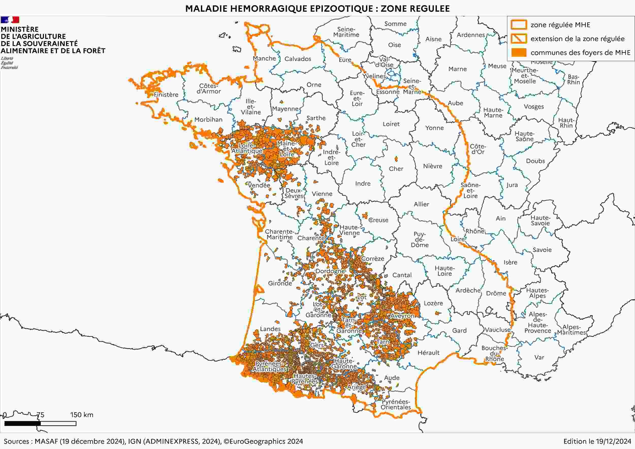 Carte de la zone réglementée au titre de la MHE à partir des foyers du sud-ouest en date du 26 décembre 2024 (Source : ministère de l’Agriculture)