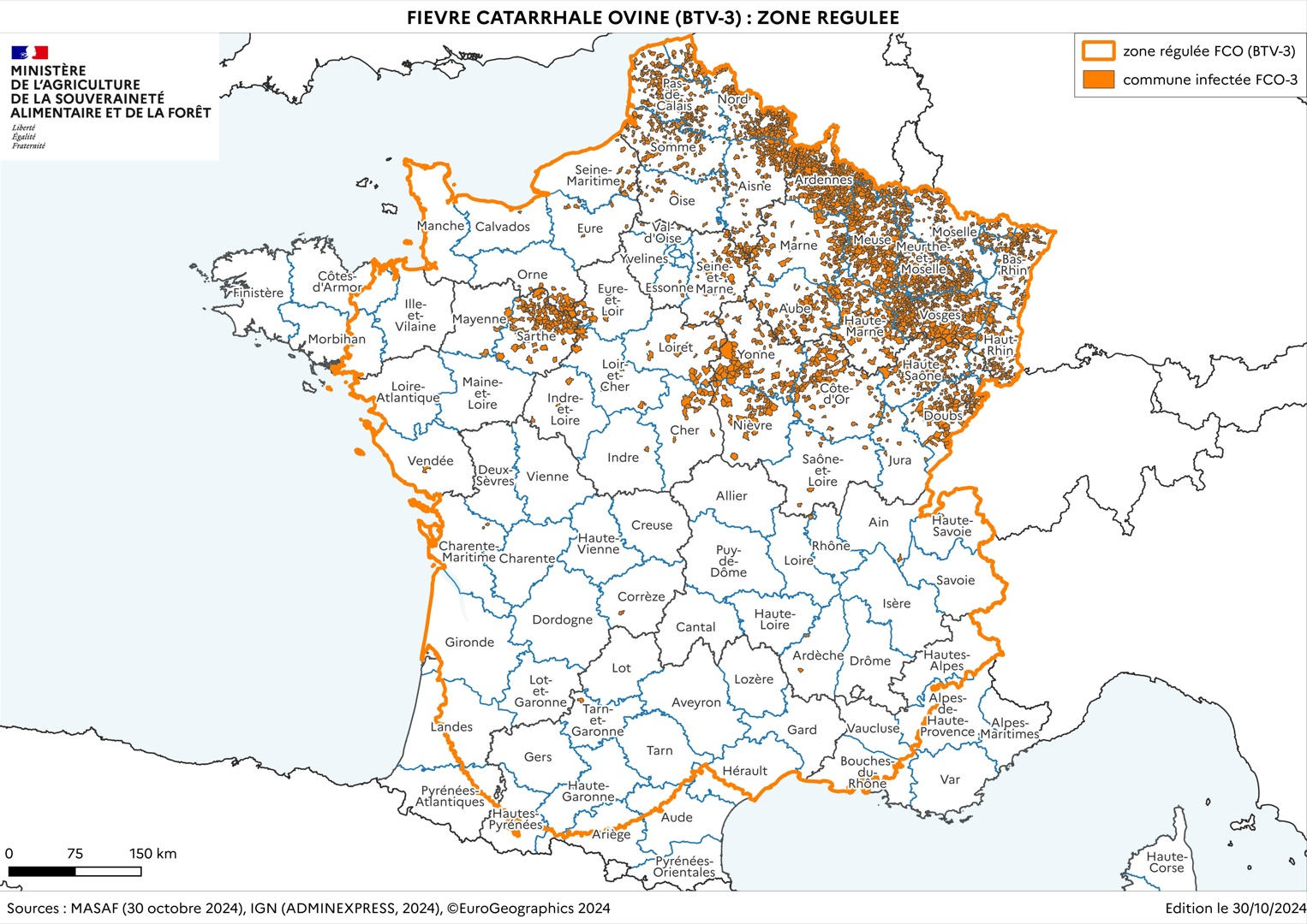 Périmètre de la zone régulée FCO-3 en date du 30 octobre (Source : ministère de l’Agriculture)