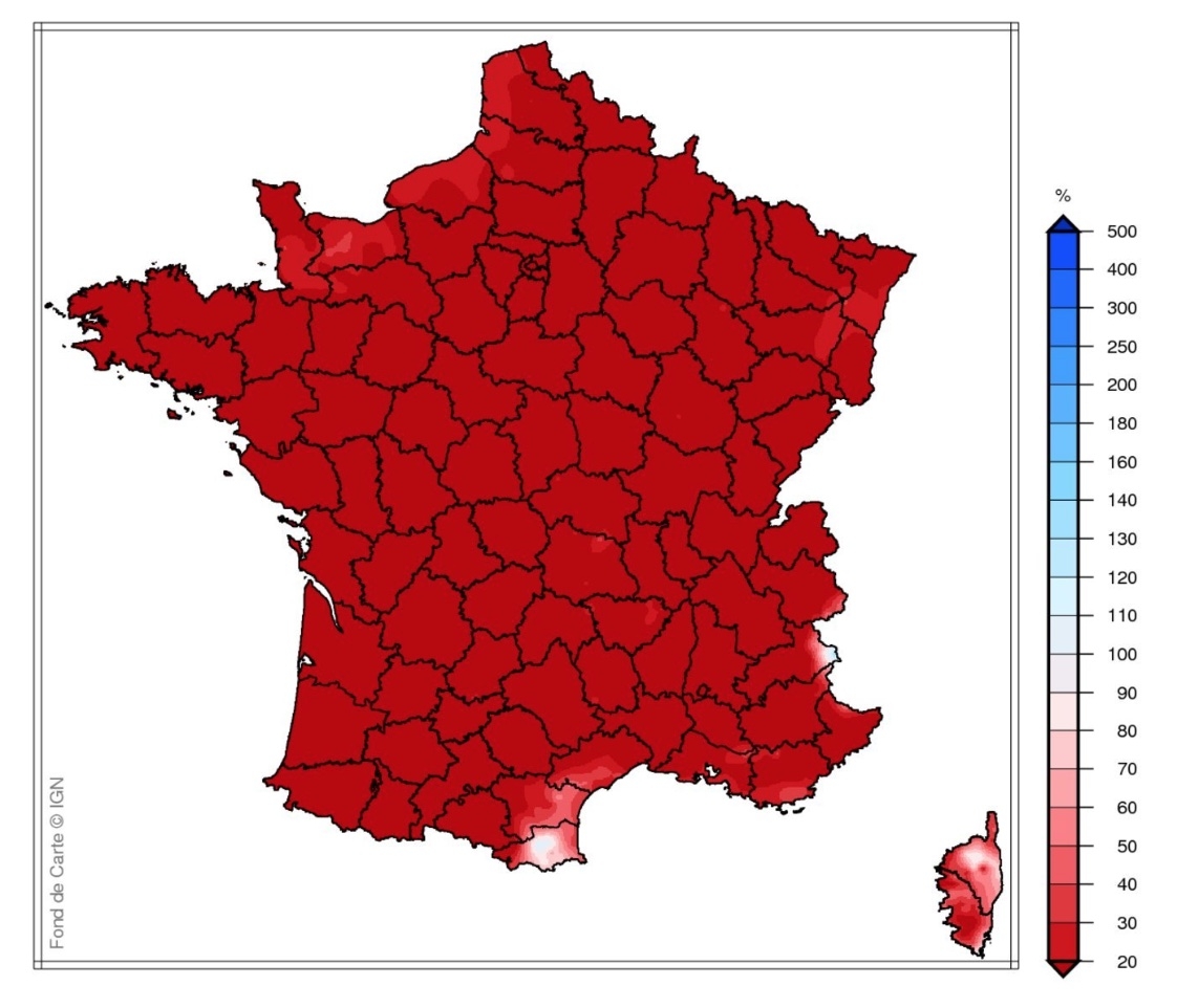 Rapport à la normale 1991-2020 du cumul des précipitations entre le 21 janvier et le 16 février 2023 (Source : Météo-France)