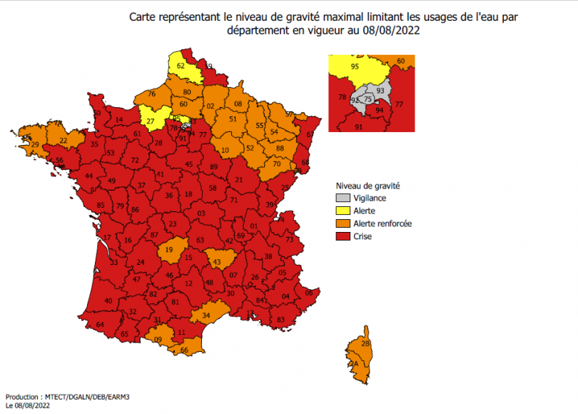 En date du 8 août 2022, 93 départements sont concernés par une restriction au-delà de la vigilance, dont 67 en crise (Source : Ministère de la Transition écologique)