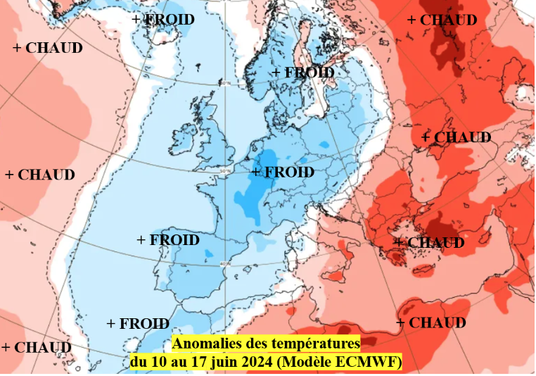 Anomalies des températures prévues par le modèle européen (ECMWF)  entre le 10 et le 17 juin 2024. ©ecmwf