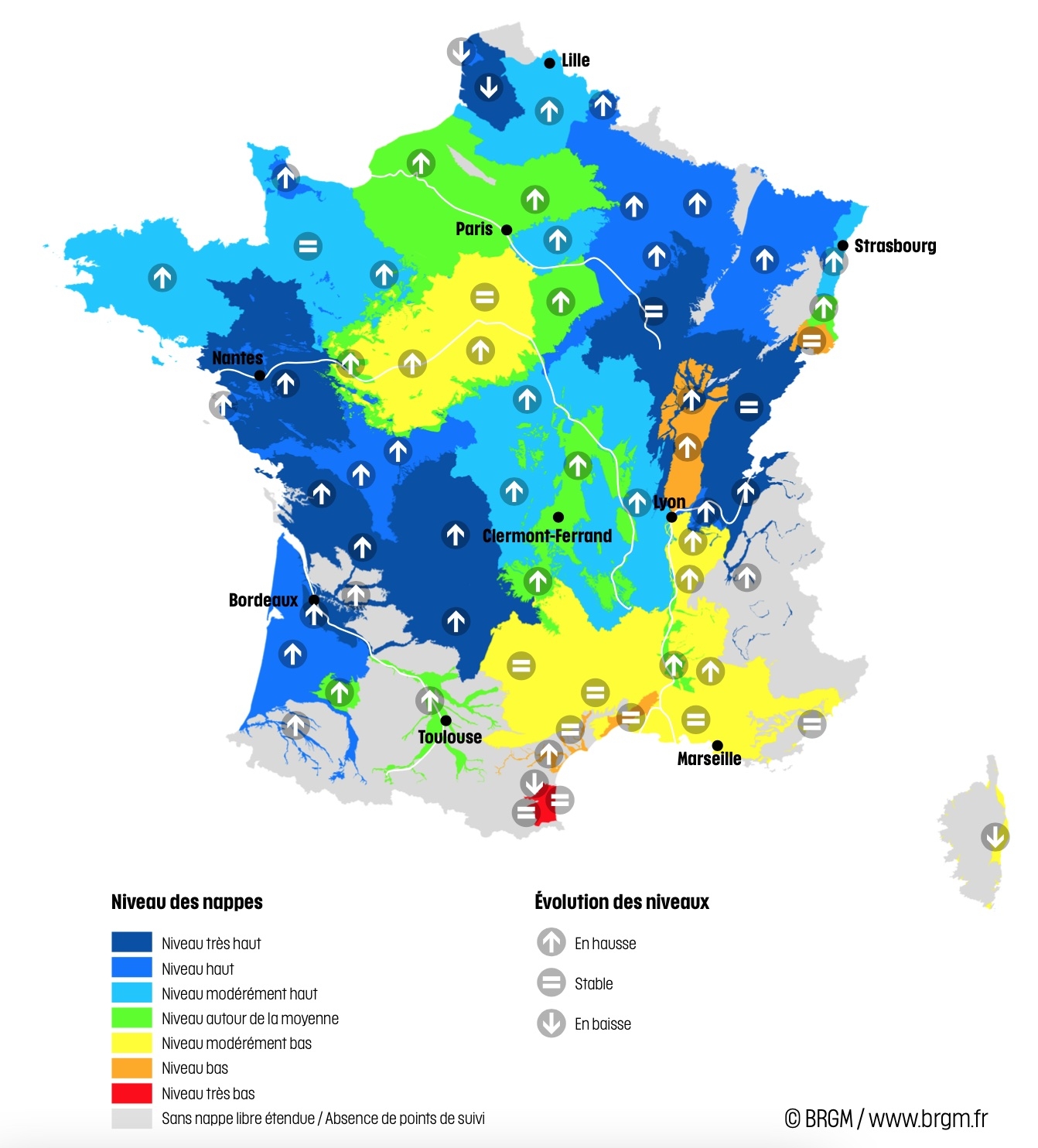 Niveau des nappes et tendances évolutives au 1er janvier 2024 (Source : BRGM)