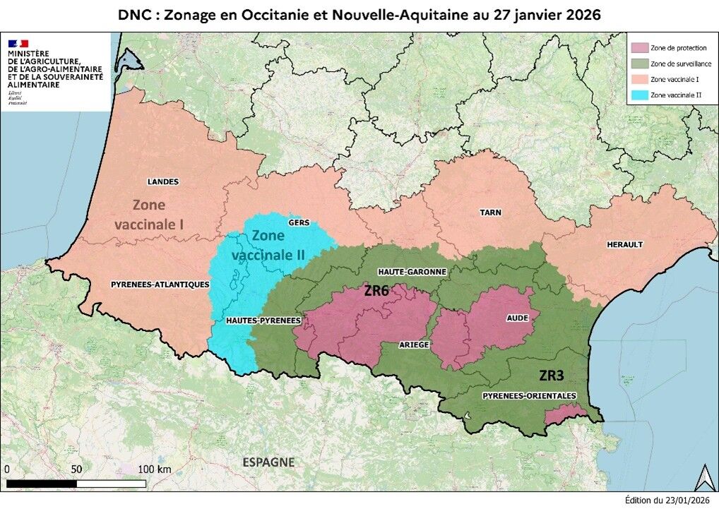 Zonage en Occitanie et Nouvelle-Aquitaine en date du 27 janvier (Source : ministère de l’Agriculture)