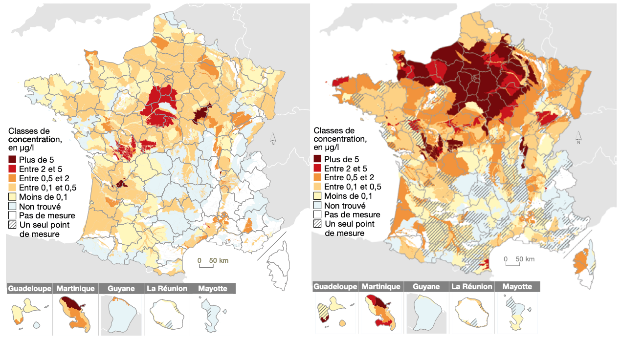 Concentration moyenne en pesticides dans les eaux souterraines en 2010 (carte de gauche) et en 2018 (carte de droite) (Source : OFB – SDES ministère de la Transition écologique)