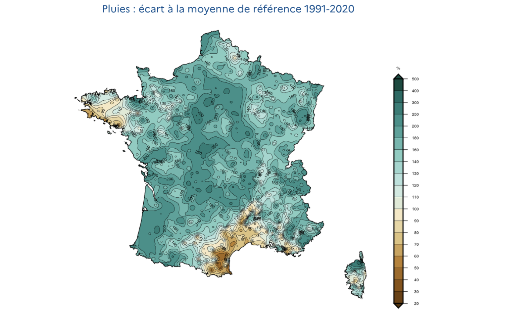 Pluies : écarts à la moyenne de référence 1991-2020 (Source : Météo-France)
