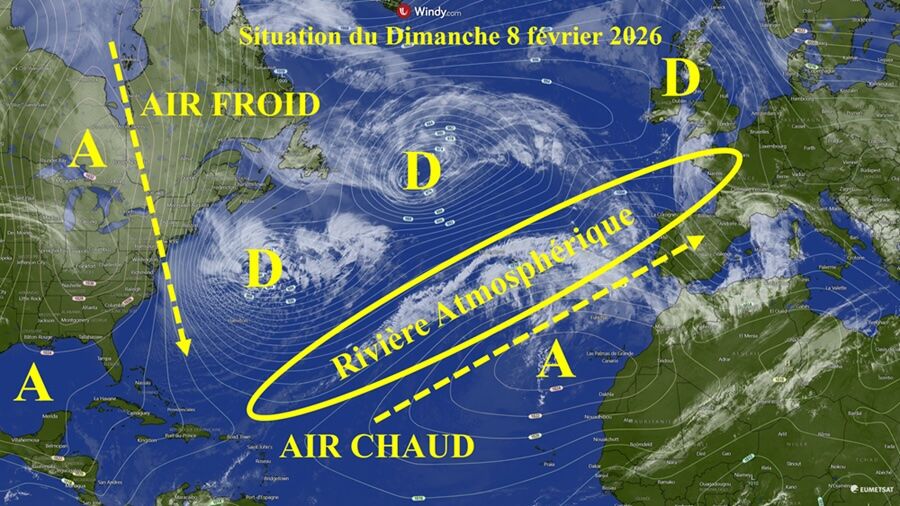 Image satellite représentant la rivière atmosphérique (Sources : Windy.com et Nicolas Le Friant pour l’illustration)