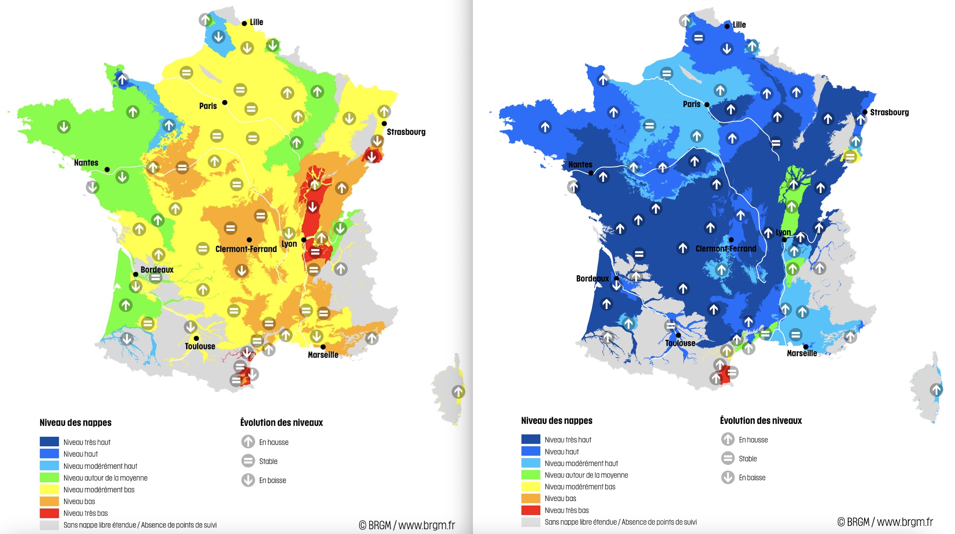 Niveau des nappes et tendances évolutives en date du 1er novembre 2023 (à gauche) et 1er novembre 2024 (à droite) (Source : BRGM)