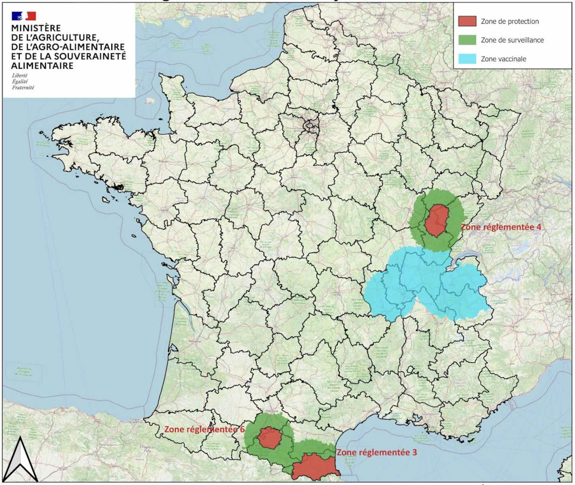 Les zones réglementées DNC en date du 10 décembre (Source : ministère de l’Agriculture)