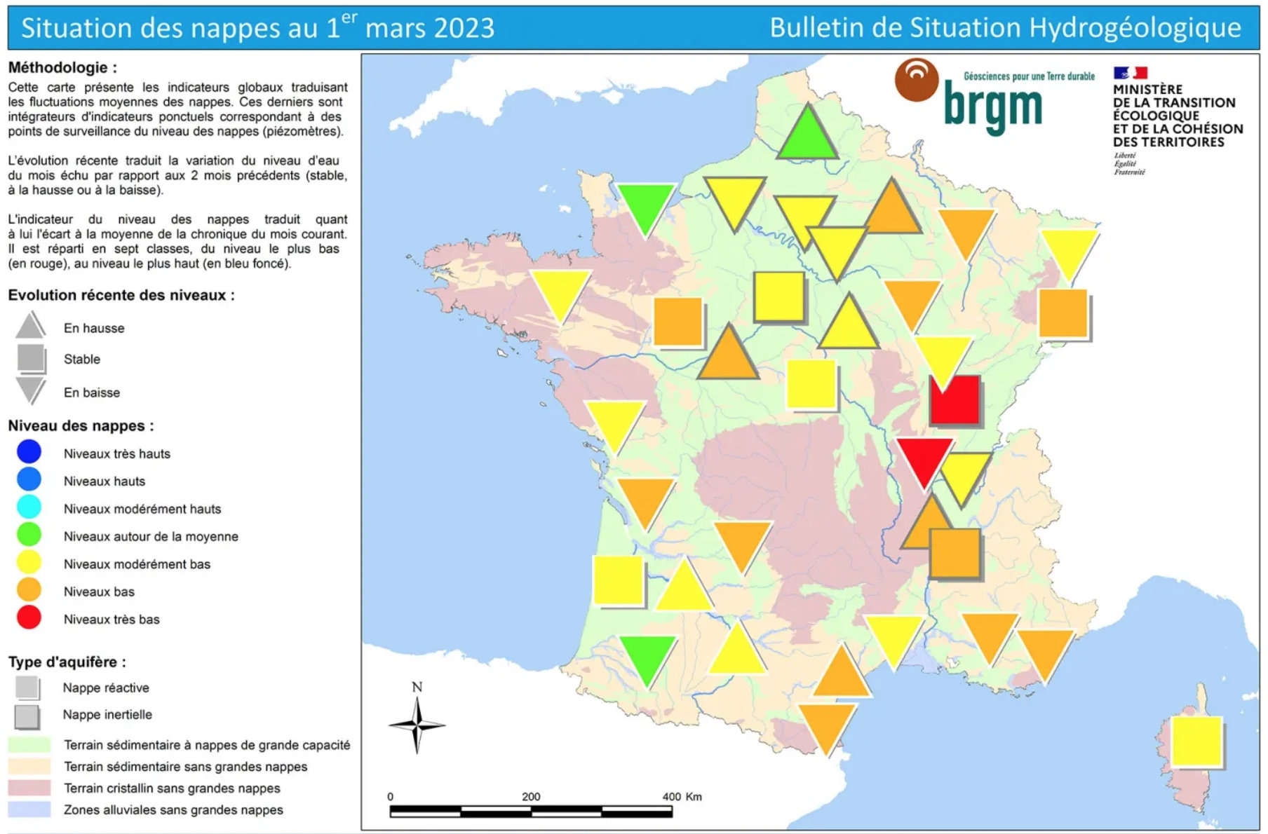 Situation hydrologique au 1er mars 2023 (Source : BRGM)