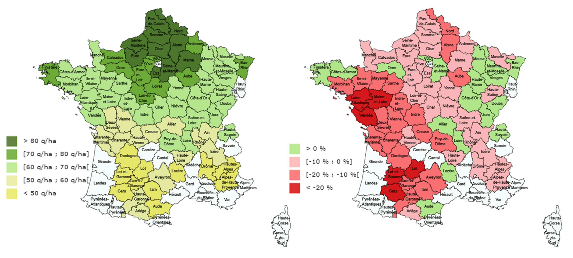 Rendement des orges d’hiver pour la récolte 2024 (à gauche) et évolution par rapport à 2023 (Source : Agreste)
