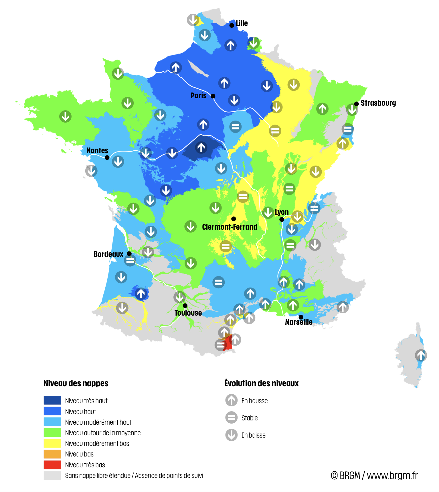 Niveau des nappes et tendances évolutives en date du 1er avril 2025 (Source : BRGM)