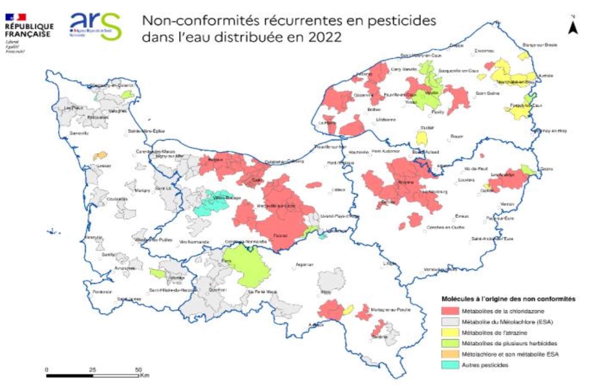 Non-conformités récurrentes en pesticides dans l’eau distribuée en Normandie en 2022 (Source : ARS)