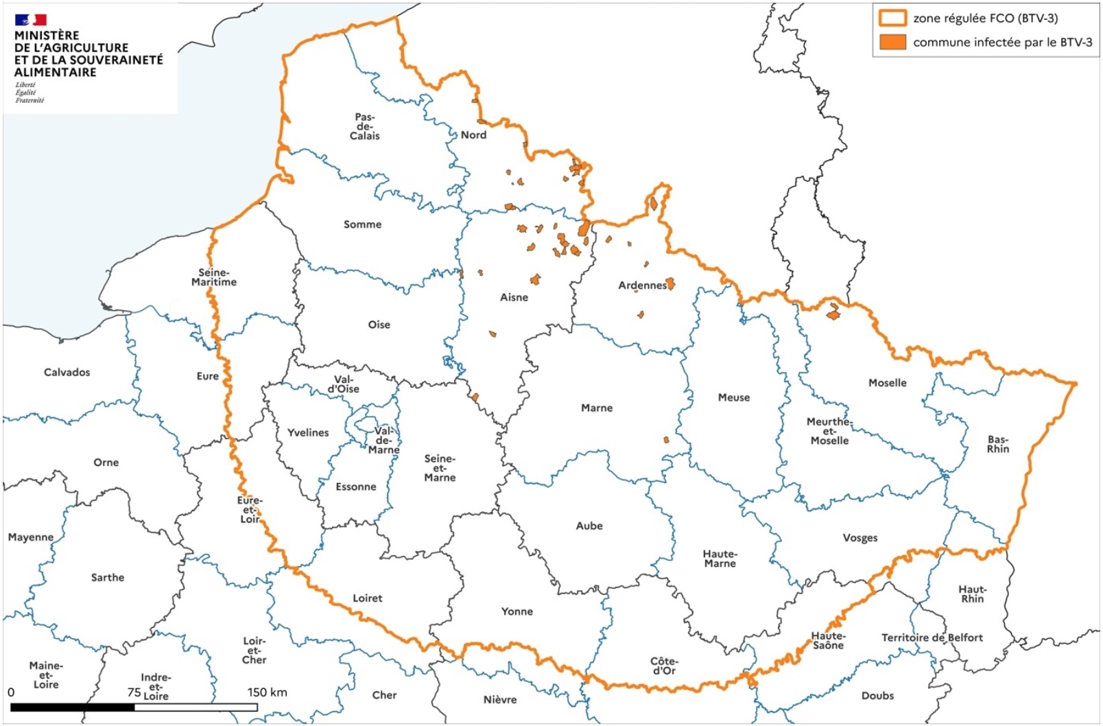 La zone régulée de FCO-3 en date du 14 août (Source : ministère de l’Agriculture)