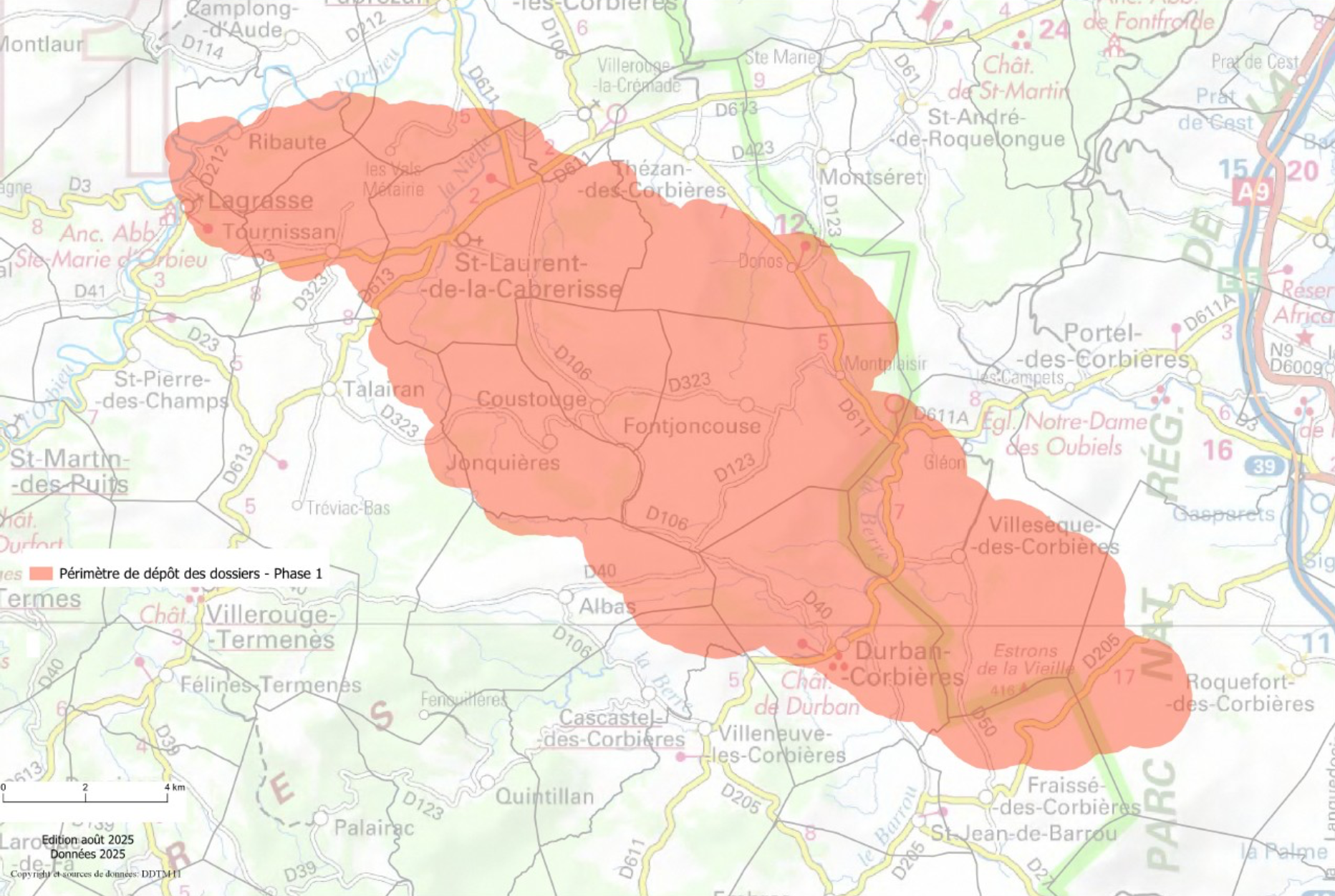 Périmètre éligible au guichet d’aide d’urgence et au fonds d’indemnisation des pertes de récoltes, de fonds, de bâtiments et de matériels (Source : DDTM de l’Aude)
