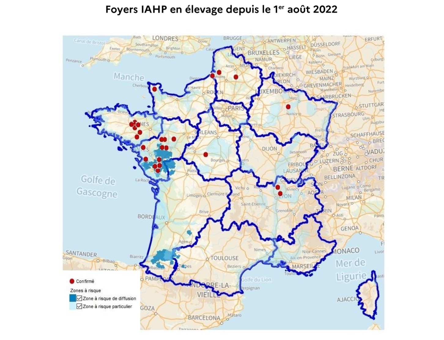 Les 25 foyers identifiés en élevage en date du 18 octobre (Source : ministère de l’Agriculture)