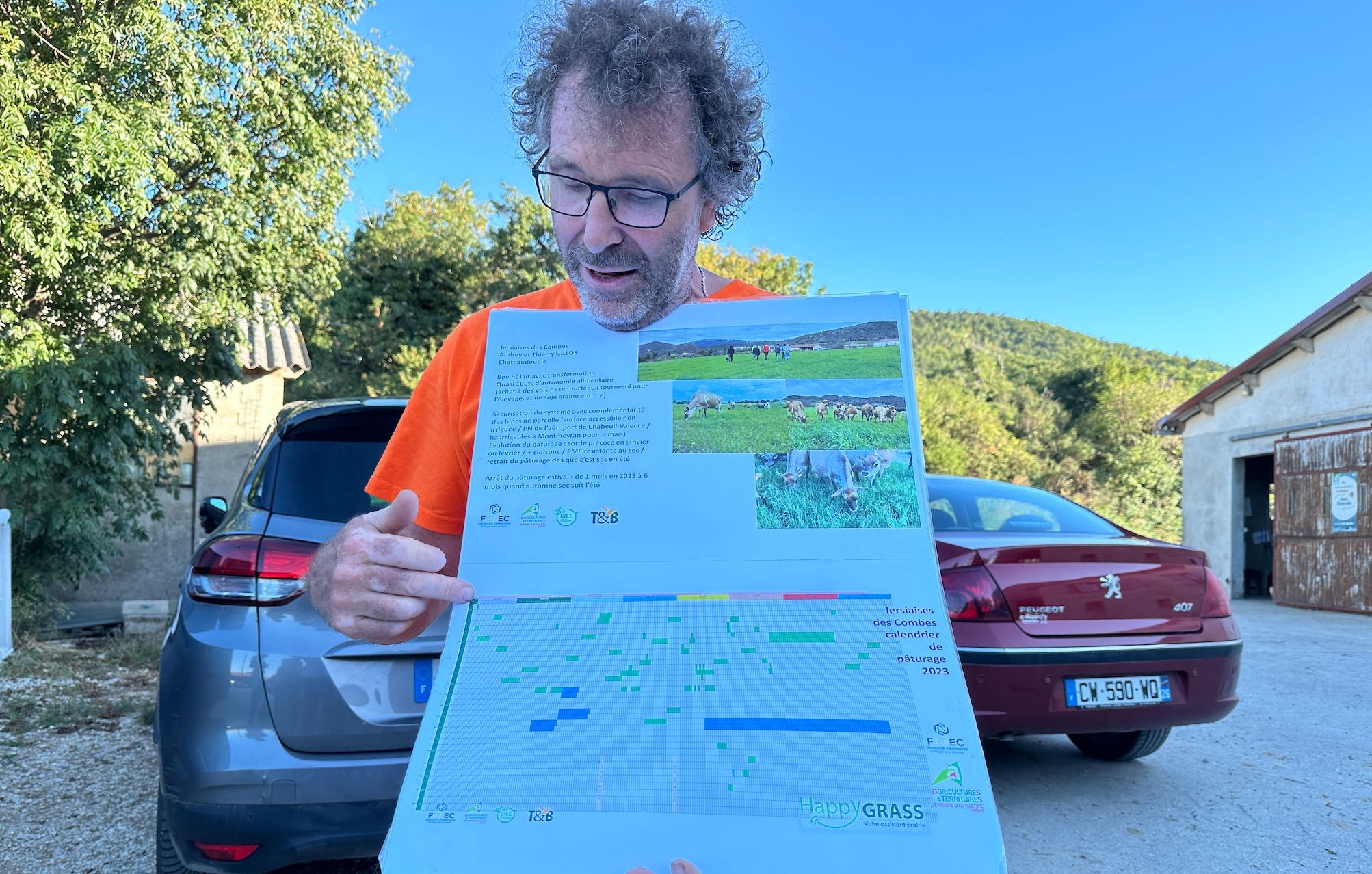 Jean-Pierre Manteaux, conseiller élevage et adaptation au changement climatique à la Chambre d’agriculture de la Drôme et les tableaux HappyGrass