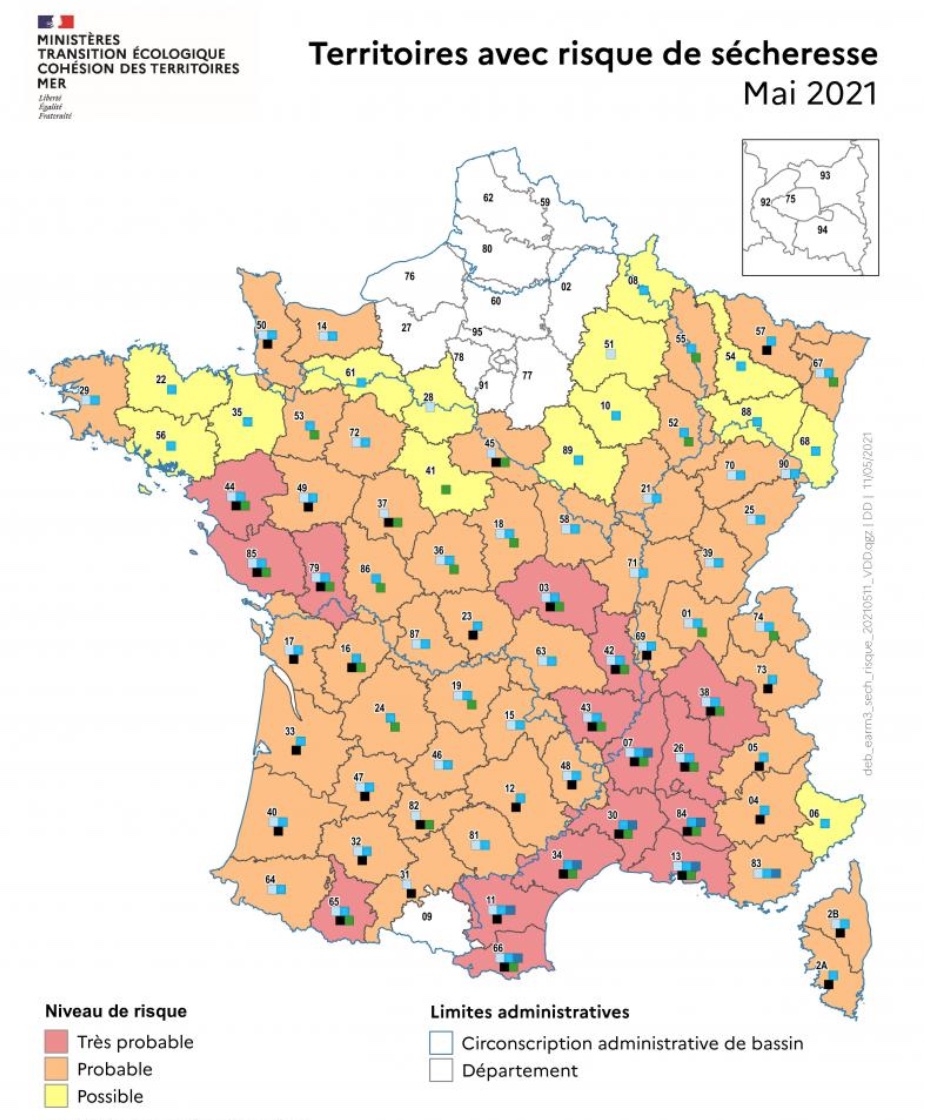 Cartographie d’anticipation de sécheresse pour l’été 2021, publiée par le ministère de la Transition écologique le 17 mai