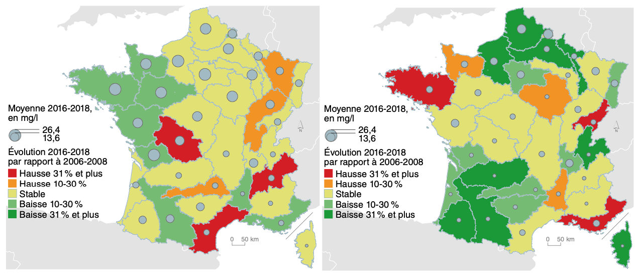 Evolution des concentrations en nitrates (carte de gauche) et en orthophosphates (carte de droite) dans les cours d’eau sur la période 2006-2018 (Source : OFB – SDES ministère de la Transition écologique)