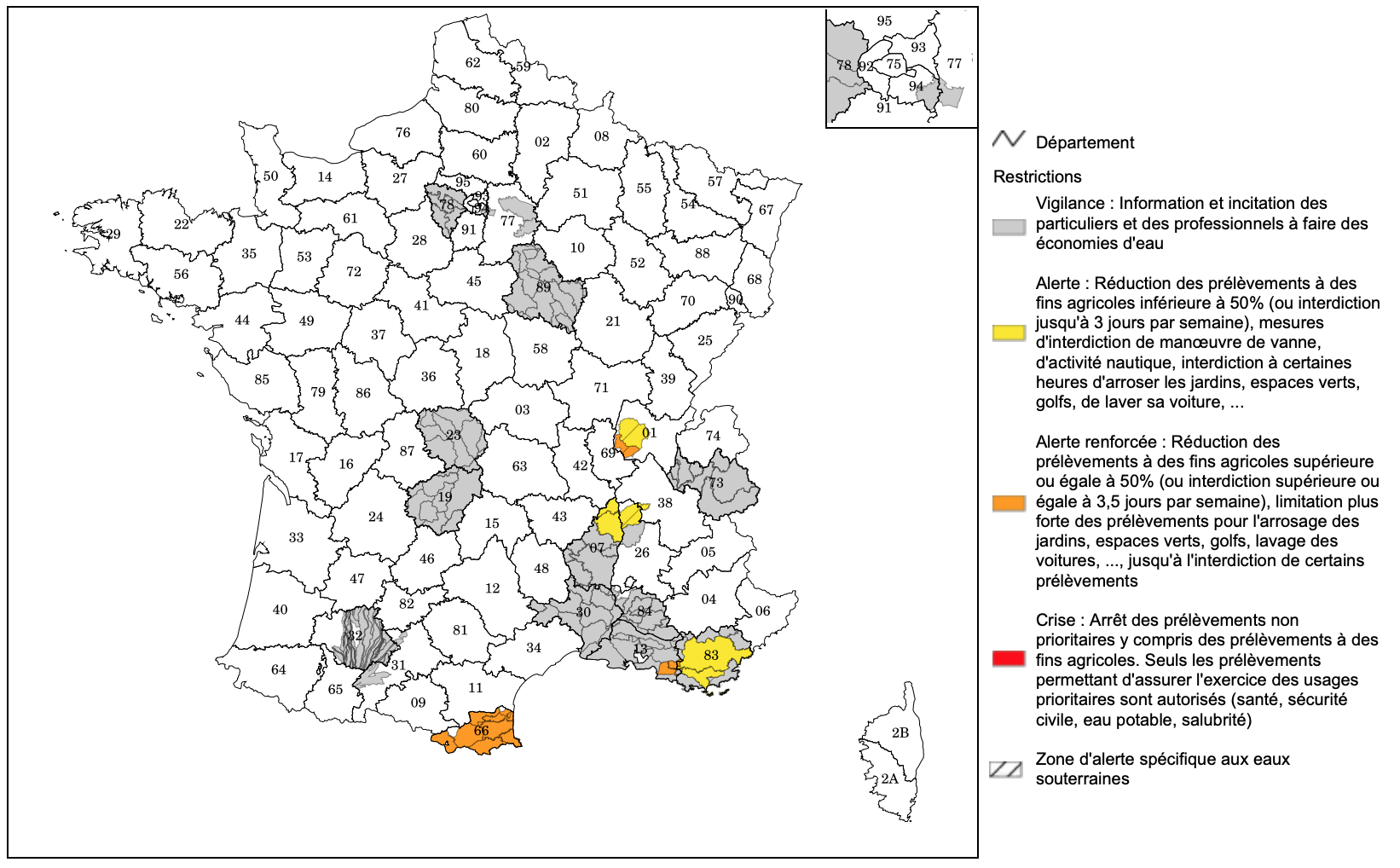 Etat des arrêtés de limitation des usages de l’eau au 15 mars 2023 (Source : ministère de la Transition écologique)