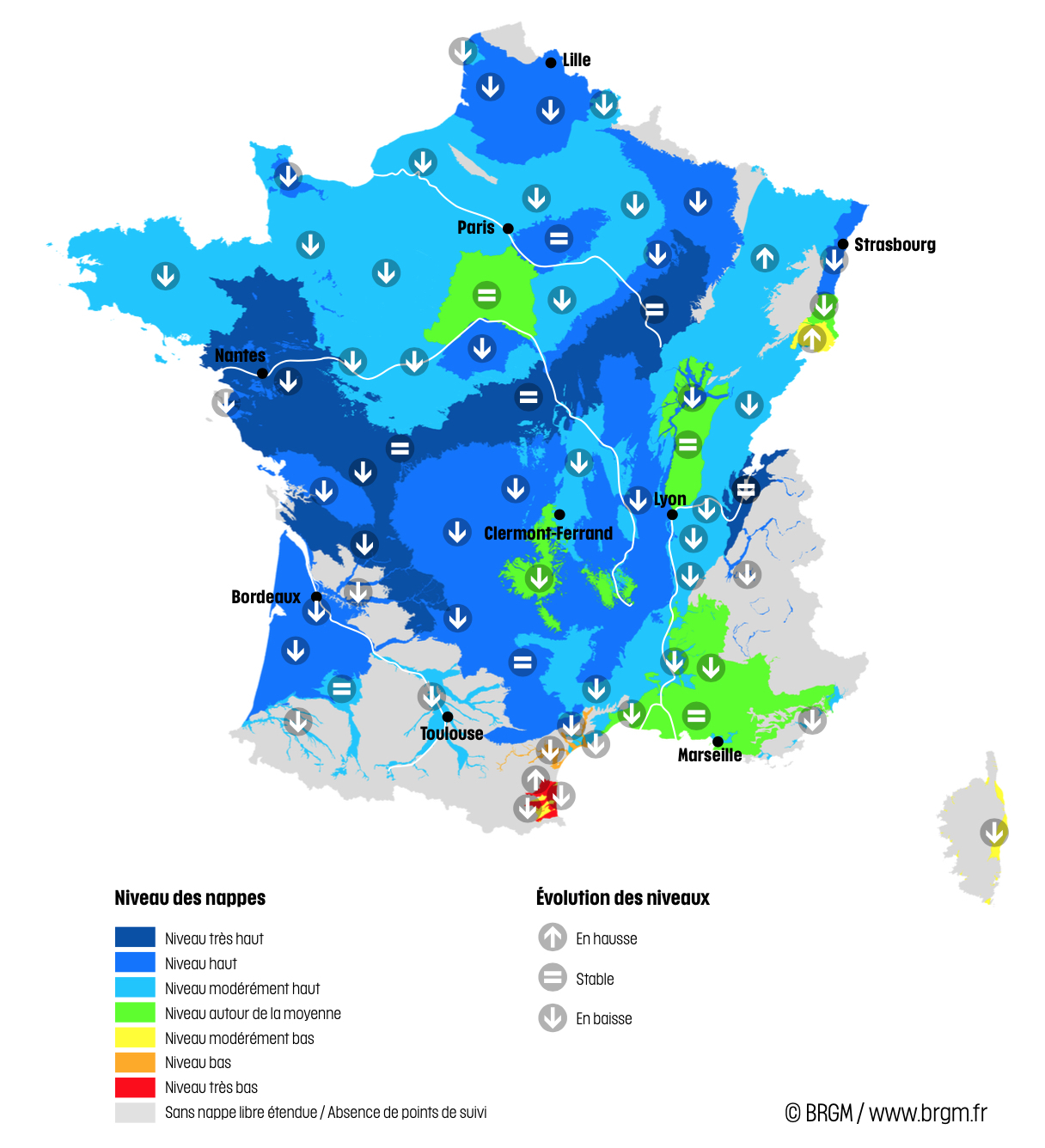Niveau des nappes et tendances évolutives en date du 1er août 2024 (Source : BRGM)