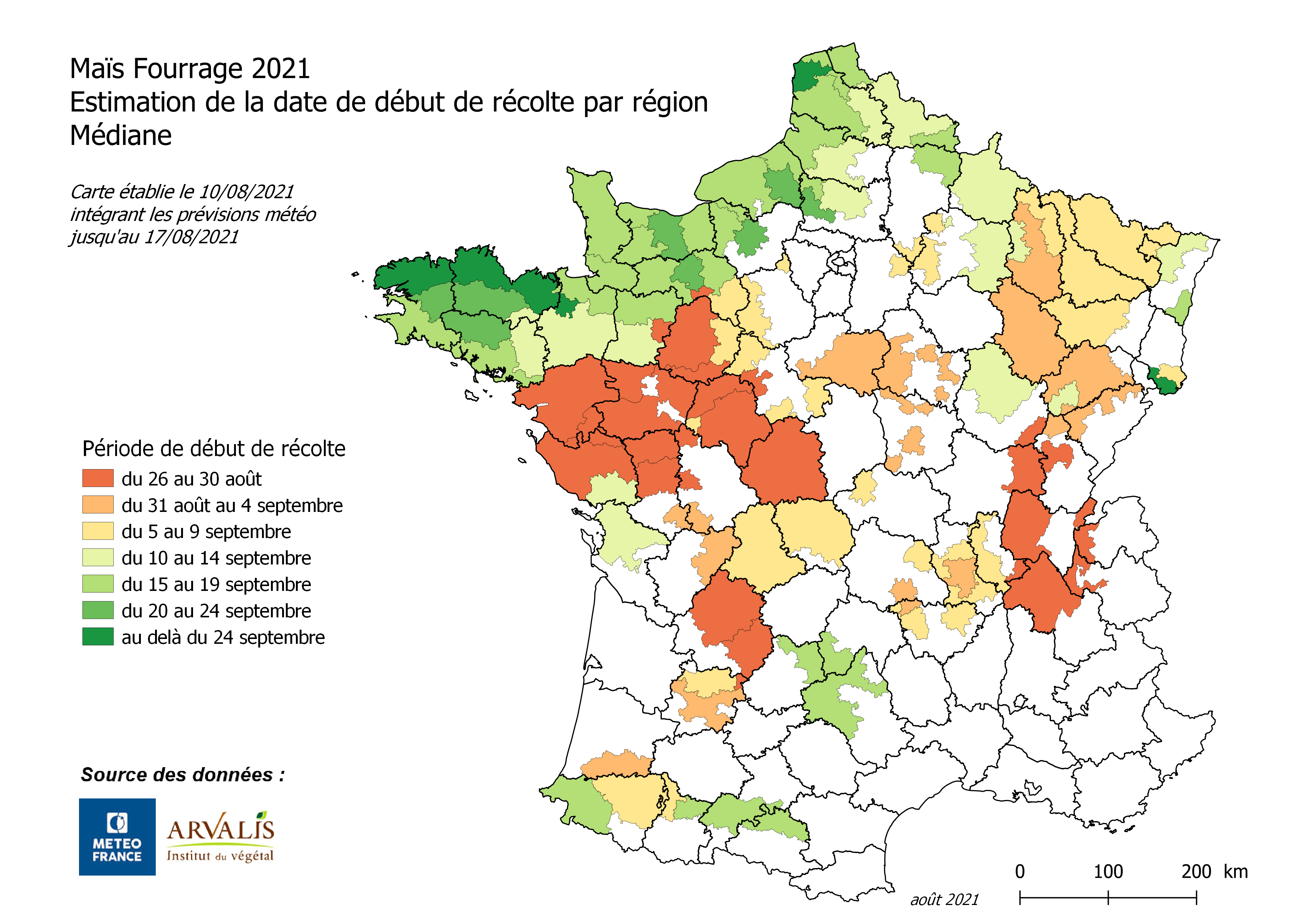 Carte des dates prévisionnelles de début de récolte des maïs fourrage établie le 10 août 2021 (Source : Arvalis)