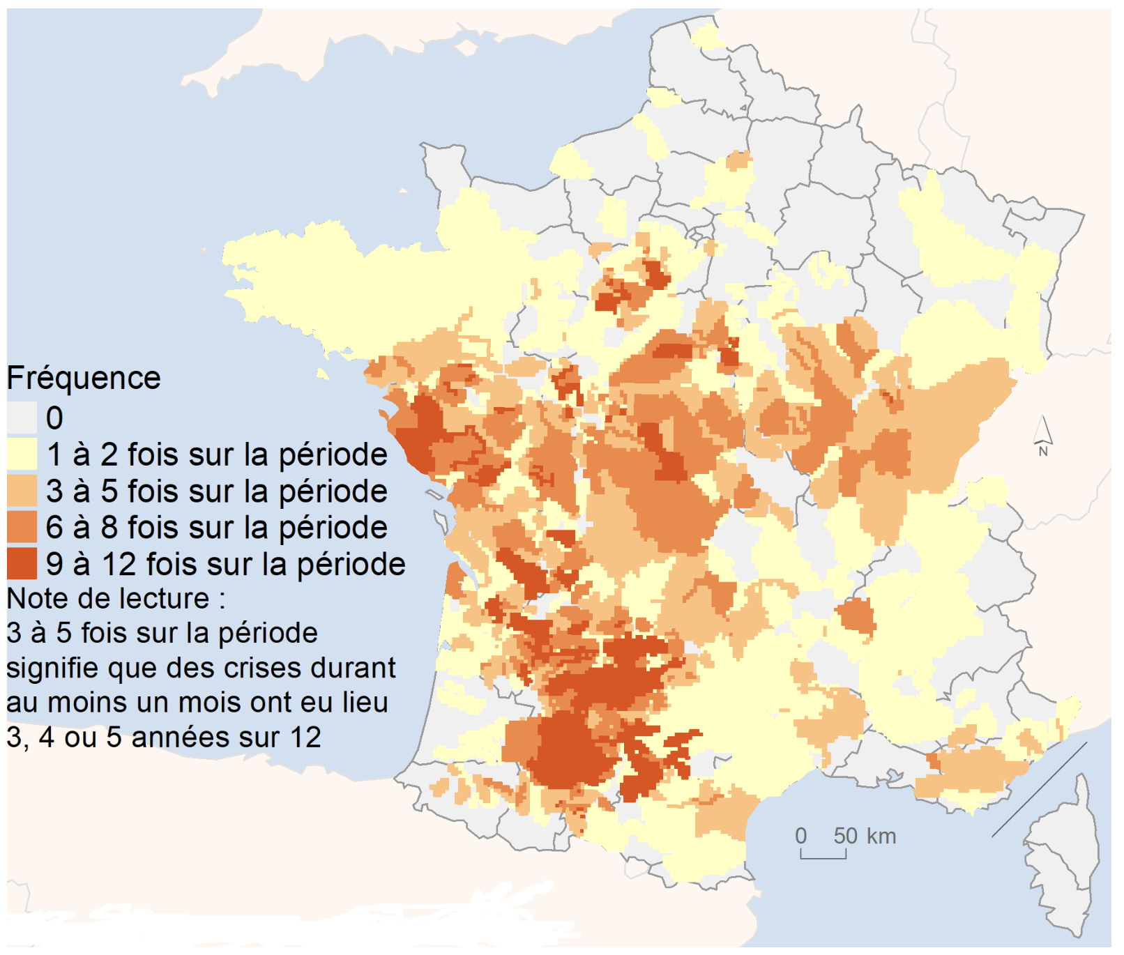 Fréquence des épisodes annuels de restriction de niveau « crise » des usages de l’eau souterraine d’une durée de plus d’un mois sur la période 2012-2023 (Source : ministère de la Transition écologique)