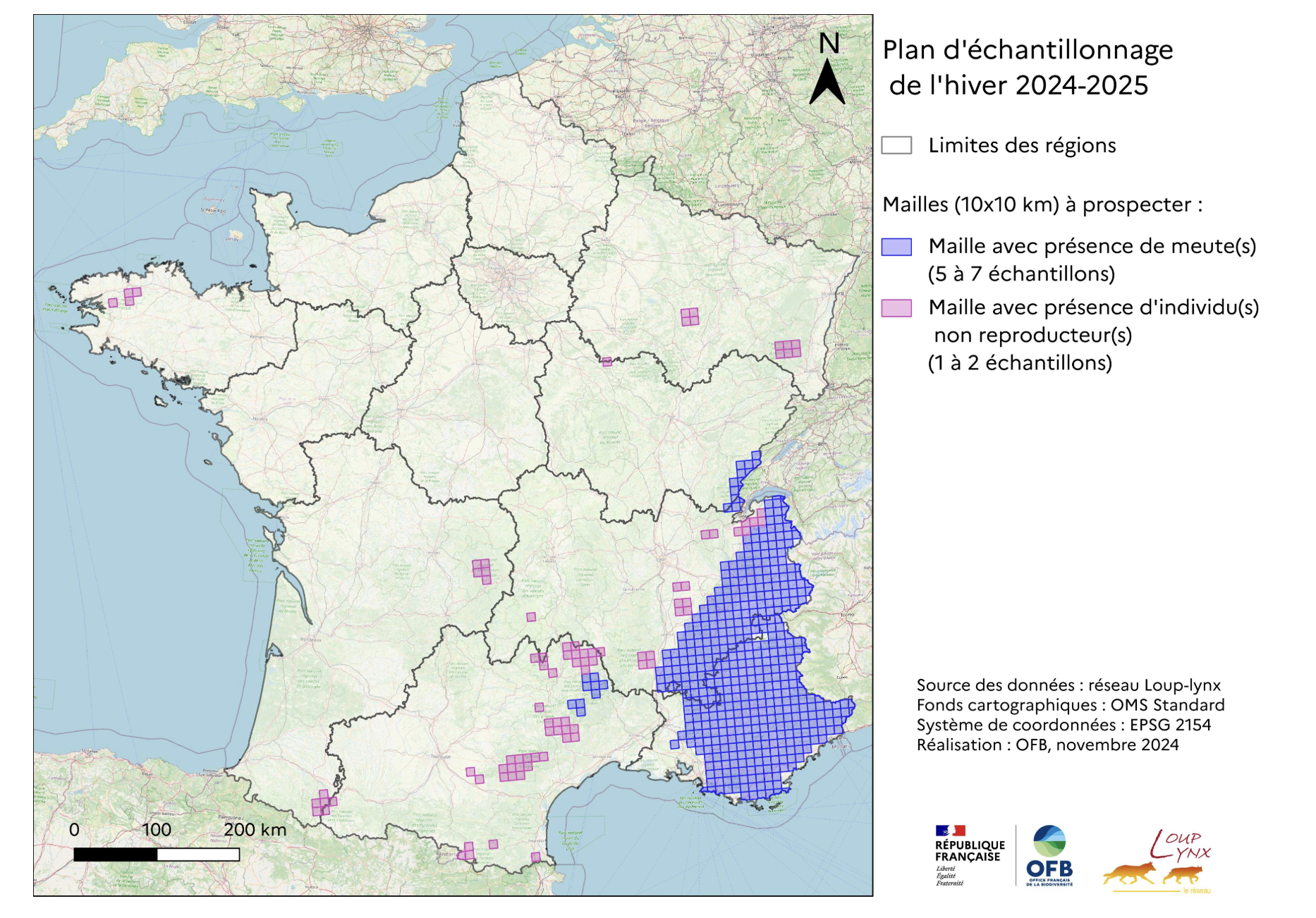 Plan d’échantillonnage inhérent au suivi du loup pour la période du 1er novembre 2024 au 31 décembre 2025 (Source : OFB)