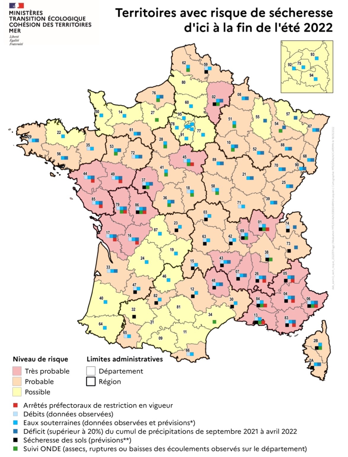 La cartographie des territoires avec risque de sécheresse d’ici à la fin de l’été 2022 (Source : ministère de la Transition écologique)