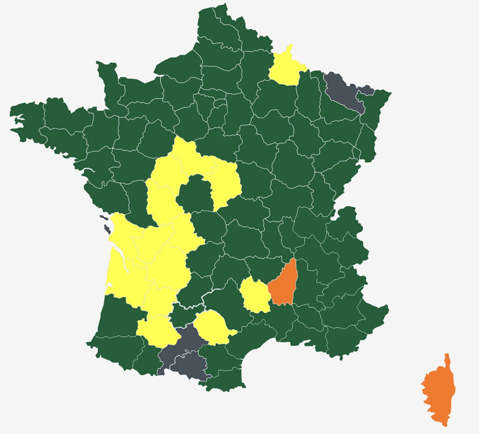 Tout en cédant du terrain, l’alliance FNSEA-JA (en vert) demeure largement majoritaire devant la Coordination rurale (en jaune) en forte progression. La Confédération paysanne (en orange) conquiert l’Ardèche, la Corse et la Guyane. Des listes autonomes (en gris) l’emportent dans trois départements © Pleinchamp