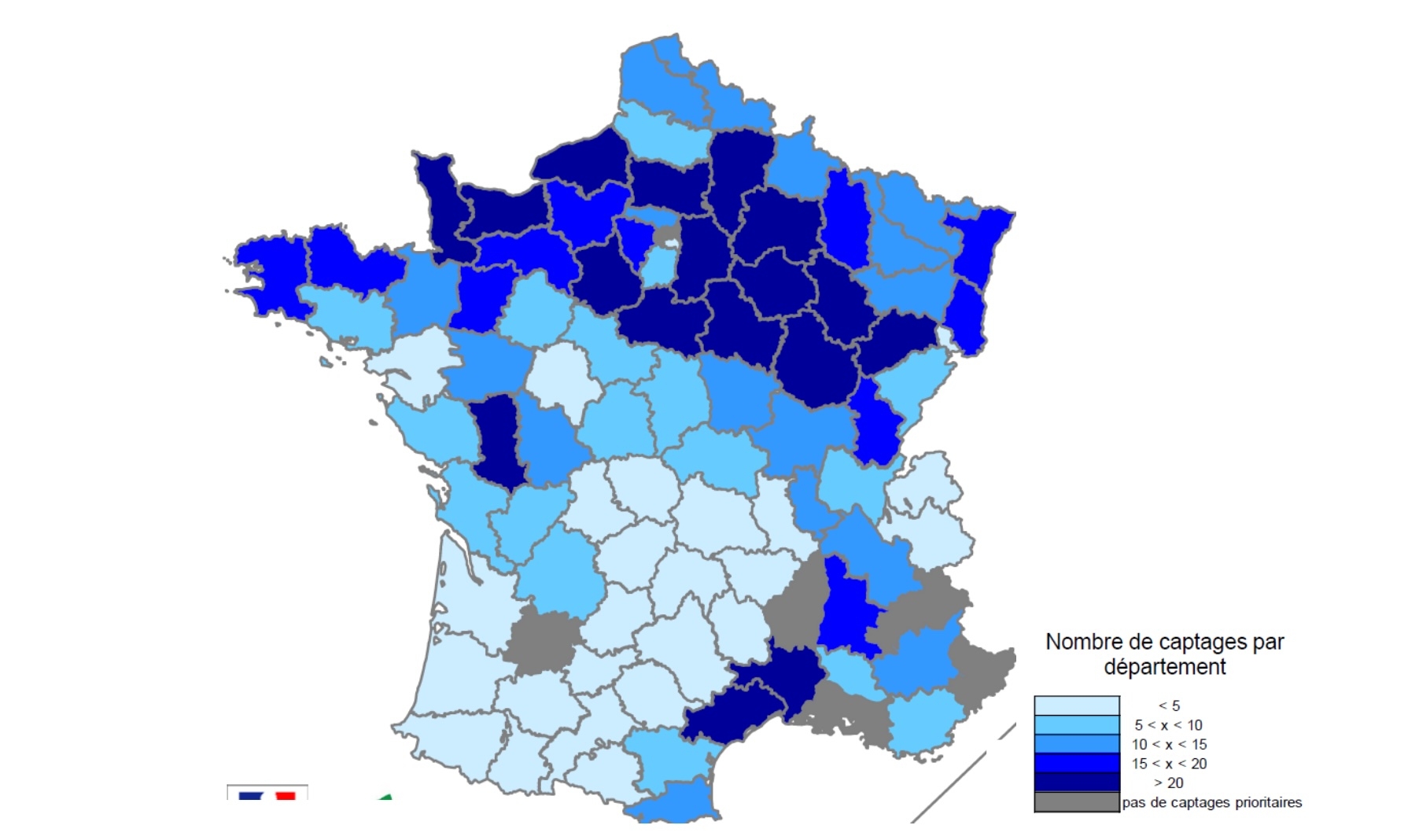 Répartition des captages prioritaires en France hexagonale (Source : CGAAER, IGAS, IGEDD)