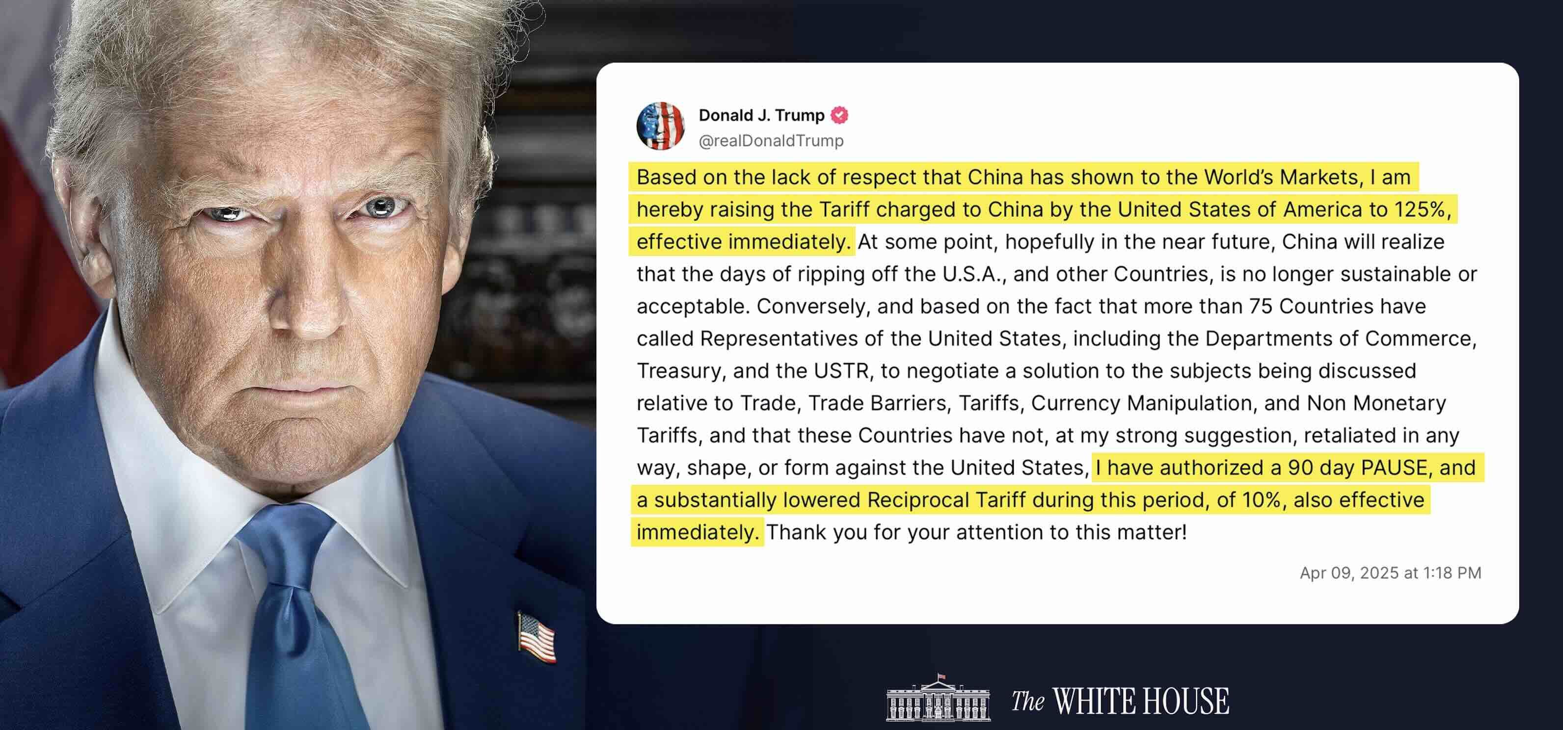 Le compte X de la Maison Blanche relaie le message posté par Donald Trump sur son réseau Truth Social le 9 avril (Crédit photo : X)