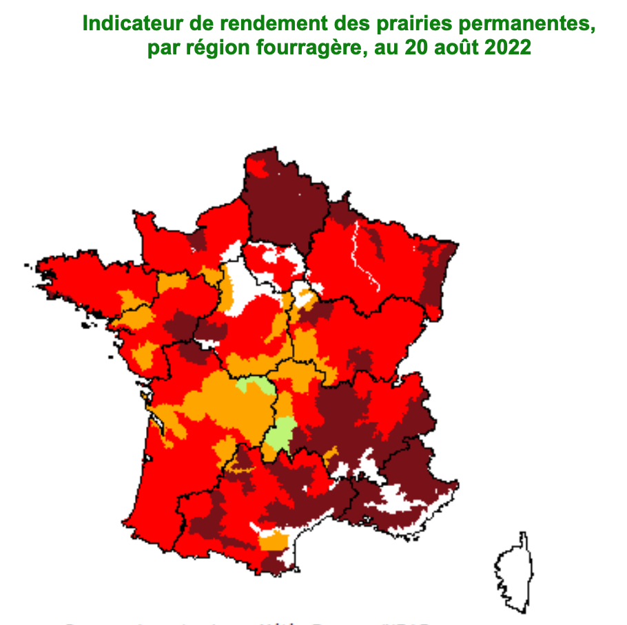 Indicateur de rendement des prairies permanentes par région fourragère au 20 août 2022 (Source : Agreste)