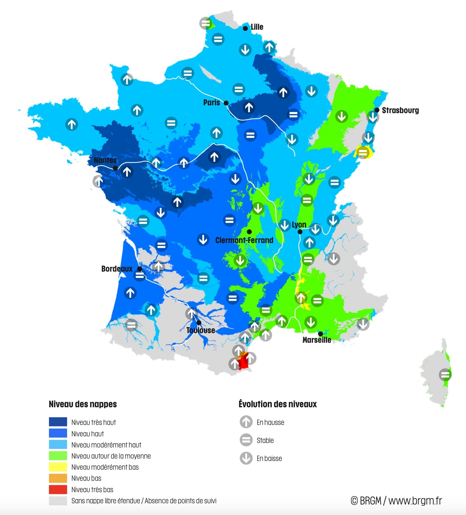Niveau des nappes et tendances évolutives en date du 1er décembre 2024 (Source : BRGM)