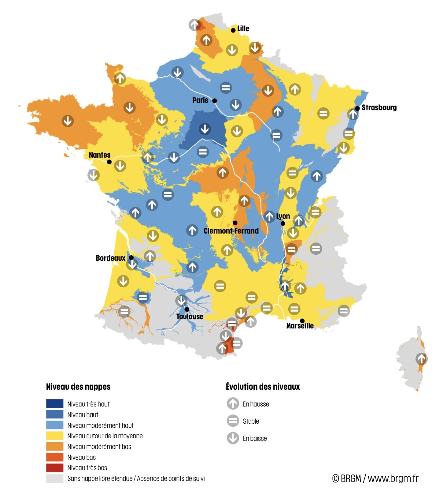 Niveau des nappes et tendances évolutives en date du 1er novembre 2025 (Source : BRGM)